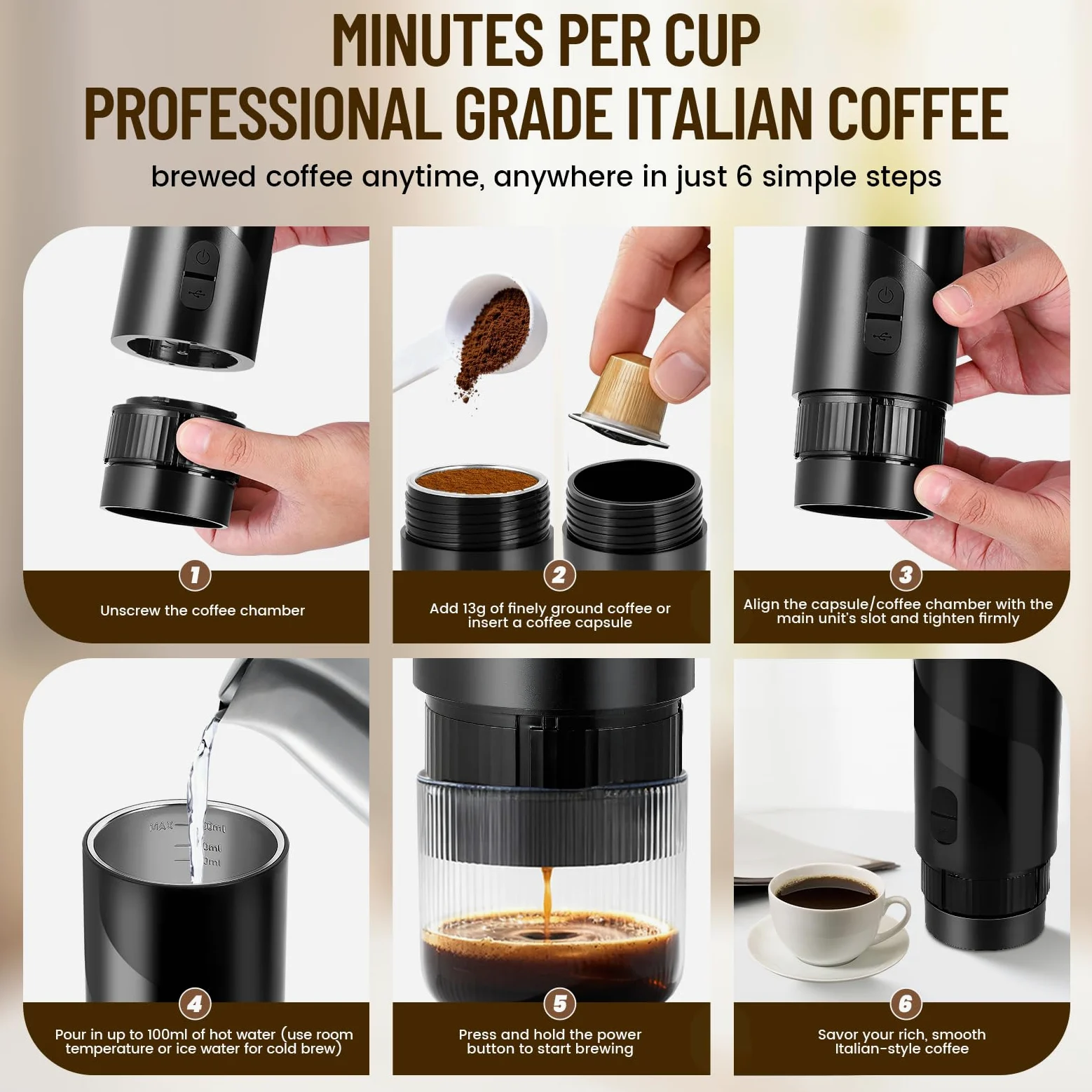Máquina de Café 3 en 1 Portátil Compatible con 3.5 x 2.8cm Cápsulas y café molido, Cafetera Espresso Eléctrica para Camping Viaje Oficina, Calentamiento Rápido Cafetera con depósito de agua de 100ml