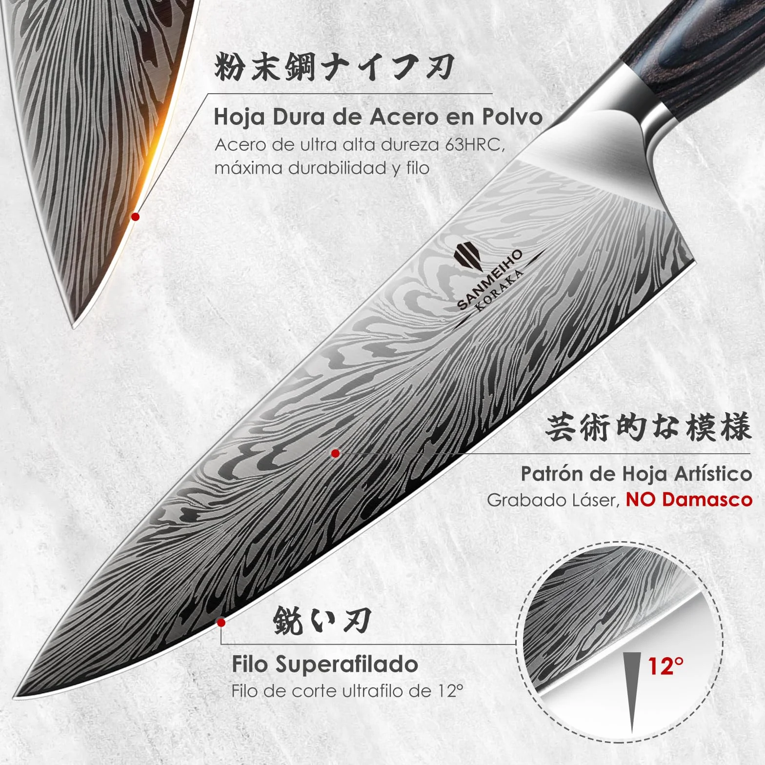 SANMEIHO Cuchillo de Chef de Acero en Polvo, 20cm de Cocina de Cocina Japonés, Cuchillo de Cocinero Profesional de Acero Duro, Cuchillo para Trinchar Ultra Afilado, Mango Ergonómico de Madera de Pakka