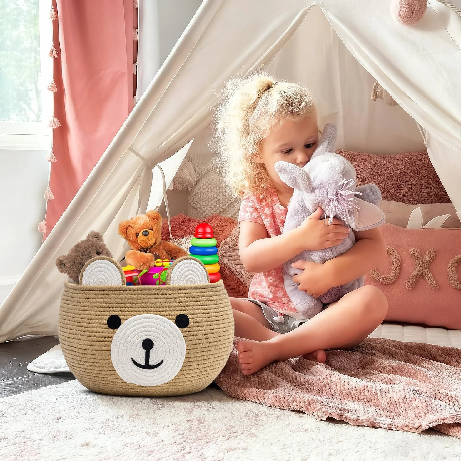 Cesta de almacenaje para niños con forma de oso cuerda de algodón organizador suave habitación infantil