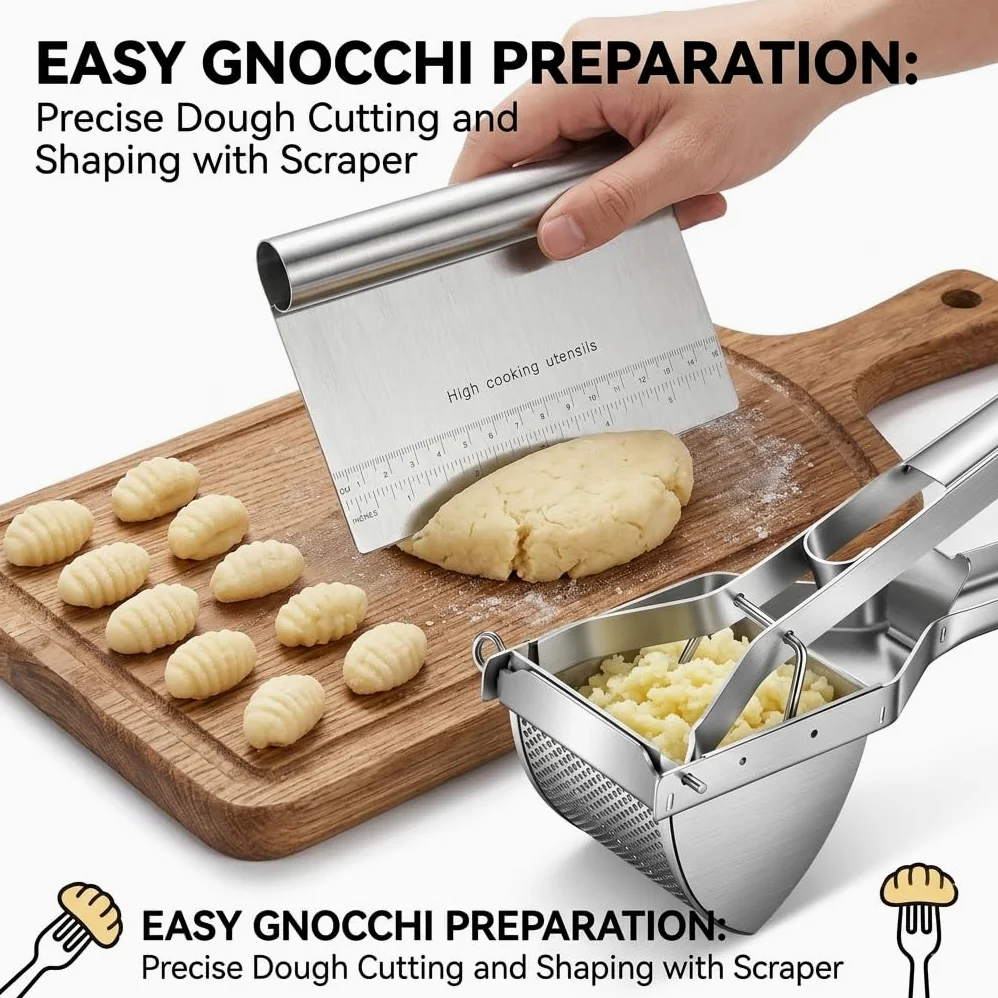 Prensador de patatas de acero inoxidable con raspador de masa, exprimidor para puré de papas, triturador profesional, herramienta de cocina, prensa de frutas, triturador de alimentos para bebés,
