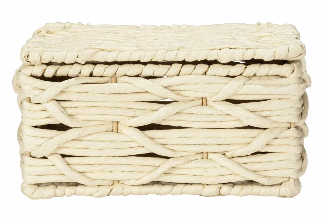 Wenko Badbox Vabriano-Cesta de Almacenamiento de Papel Trenzado con Tapa para baño y Oficina, 19 x 10 x 14 cm, Estilo Bohemio, Color Beige, Metal Lacado