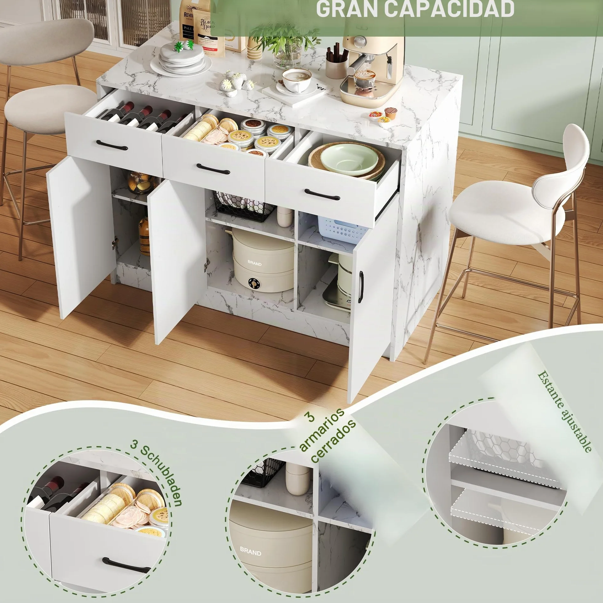 Isla de cocina grande 120 x 60 x 90,5 cm, 3 cajones y 3 puertas, diseño de mármol blanco, estantes ajustables, cajones silenciosos, diseño de área de bar - Utensilios de cocina elegantes y prácticos