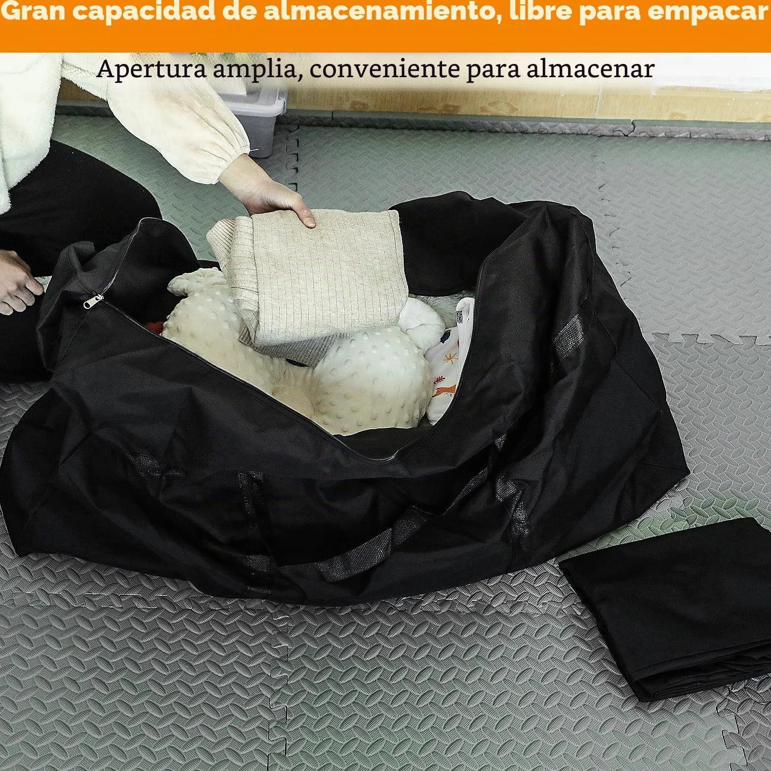 KOMABLEN 6 Piezas 100L Bolsas Almacenaje Ropa, 600D Oxford Impermeable Cajas para Guardar Ropa con Cremallera y Asa, Negro Plegable Bolsas Mudanza Grandes para Edredones, Mantas