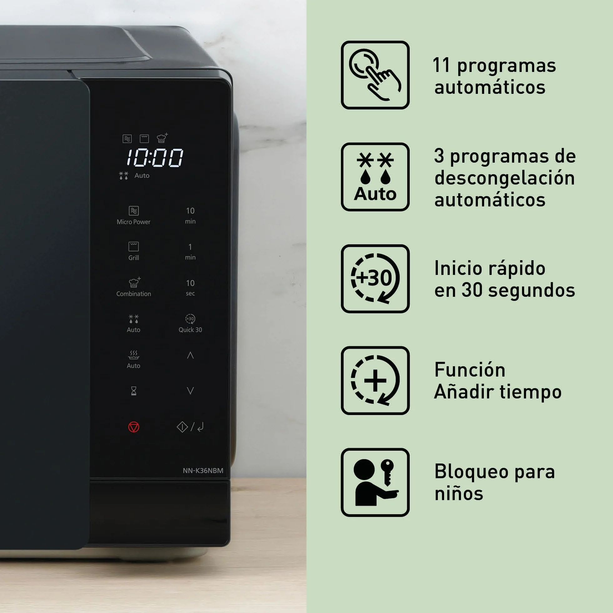 Panasonic NN-K36NBMEPG, Horno Microondas, 24 Litros, 900W de Potencia, 8 Programas Automáticos, Tecnología de Cocción Dual, Función Quick 30, Negro.