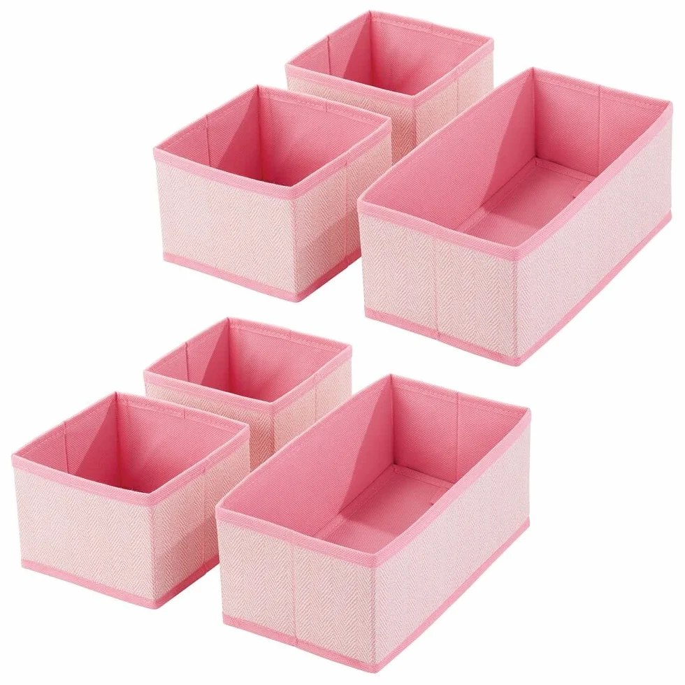 mDesign Juego de 6 cajas organizadoras de tela transpirables con patrón en espiga para habitación infantil - rosa