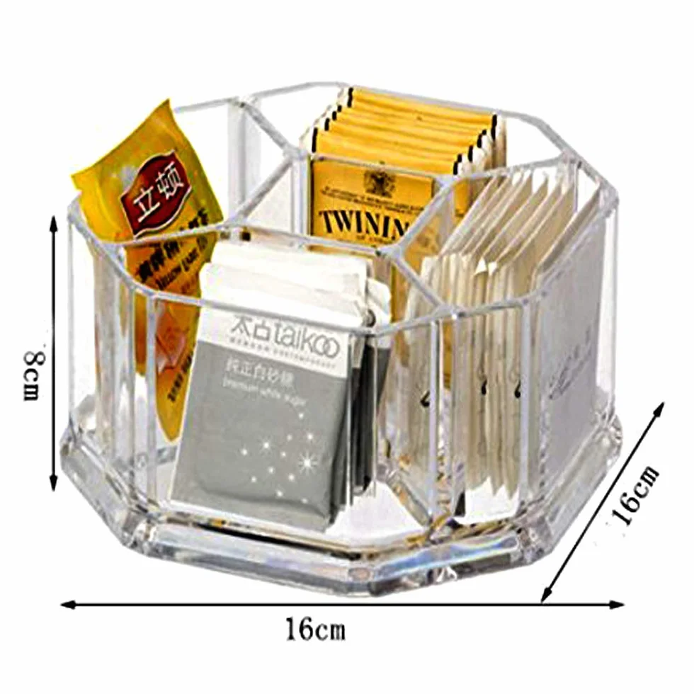 Acrílico soporte para bolsas de té, café y azúcar cajas de almacenamiento de bolsa caso habitaciones, acrílico, transparente, L16*W16*H8cm- 5 compartimento YTBH-002
