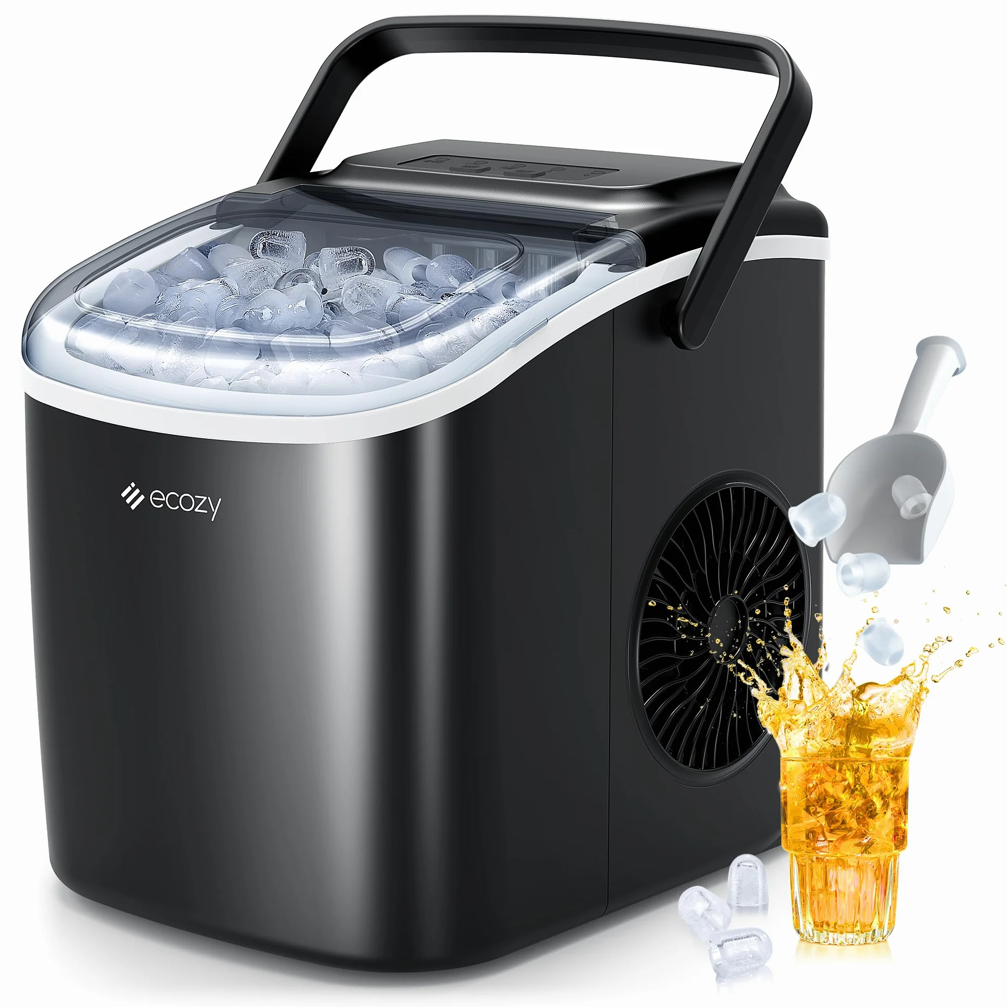 ecozy Máquina de Hielo, 12 Kg/24 Koras, 9 Cubitos de Hielo en 6 Minutos, 2 Tamaños de Hielo, Máquina de Hielo Autolimpiante, Maquina de Hielo Portátil Para Casa el Hogar/Fiesta/Cocina/Bar
