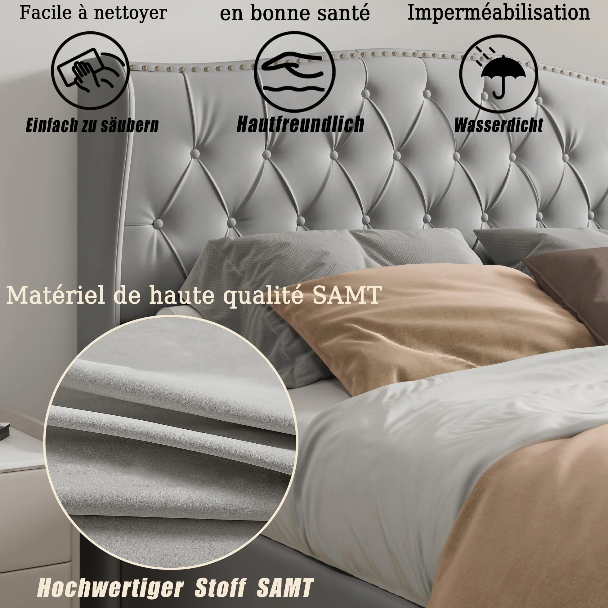 BRILVERDE Cama Tapizada 140x200 con Almacenaje, Cama matrimonial, Cabecero Acolchado y Base de Láminas, Terciopelo (Gris, 140 x 200 cm)