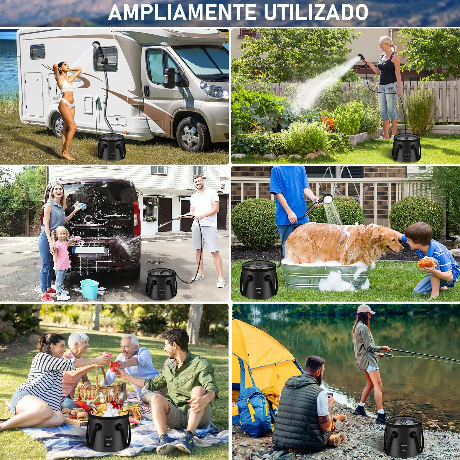 Ducha Portátil Camping 6000mAh Recargable con Cubo Plegable 20L, Eléctrica para Acampar