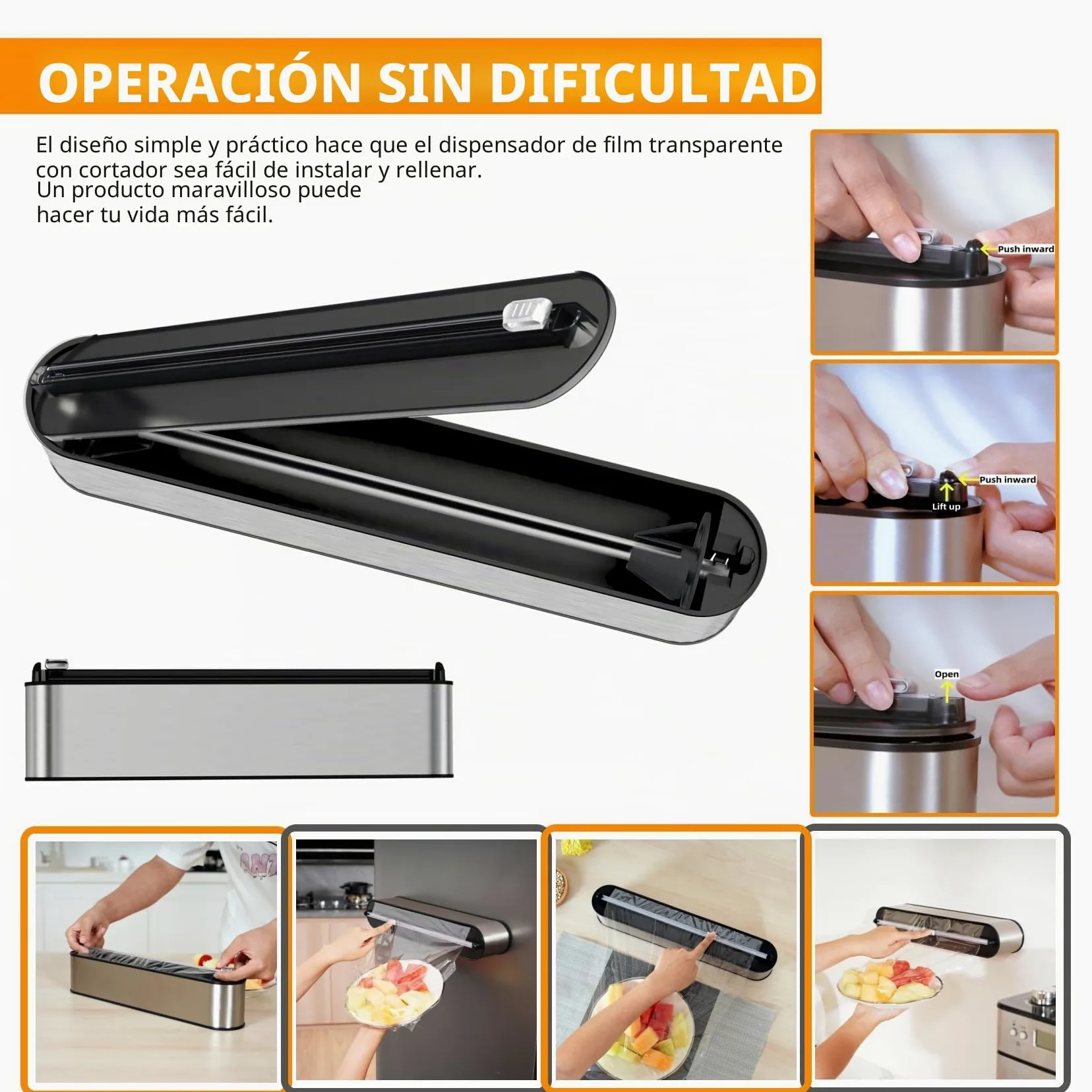 Dispensador Papel Aluminio y Film - Montaje Magnético & Pared sin Taladrar, Cortador Film Transparente, Corte Preciso, Organizador Cocina Profesional - 2 rollos de 100 m, Acero Inox Plata