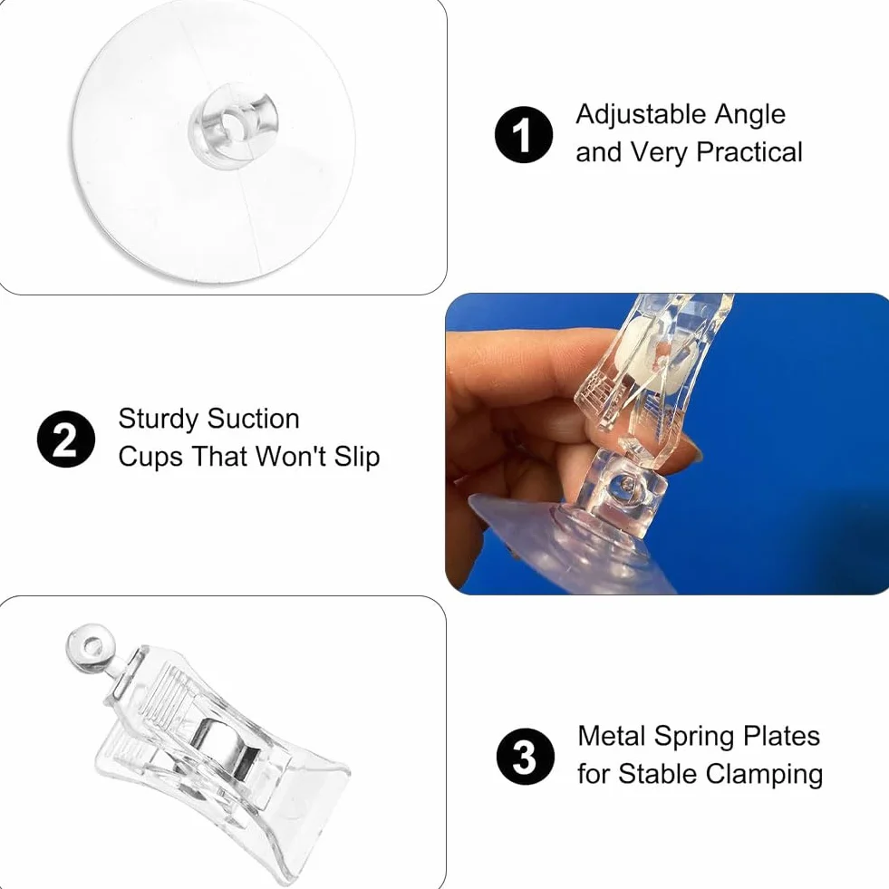 Kiuiom 6 Pcs Ventosa Gancho De Clip,Gancho De Ventosa Soporte Clip,Pinza De Ventosas,Transparente Clip,Ventosas Con Abrazadera,Para Baño,Oficina,Cocina,Tienda,Acuario