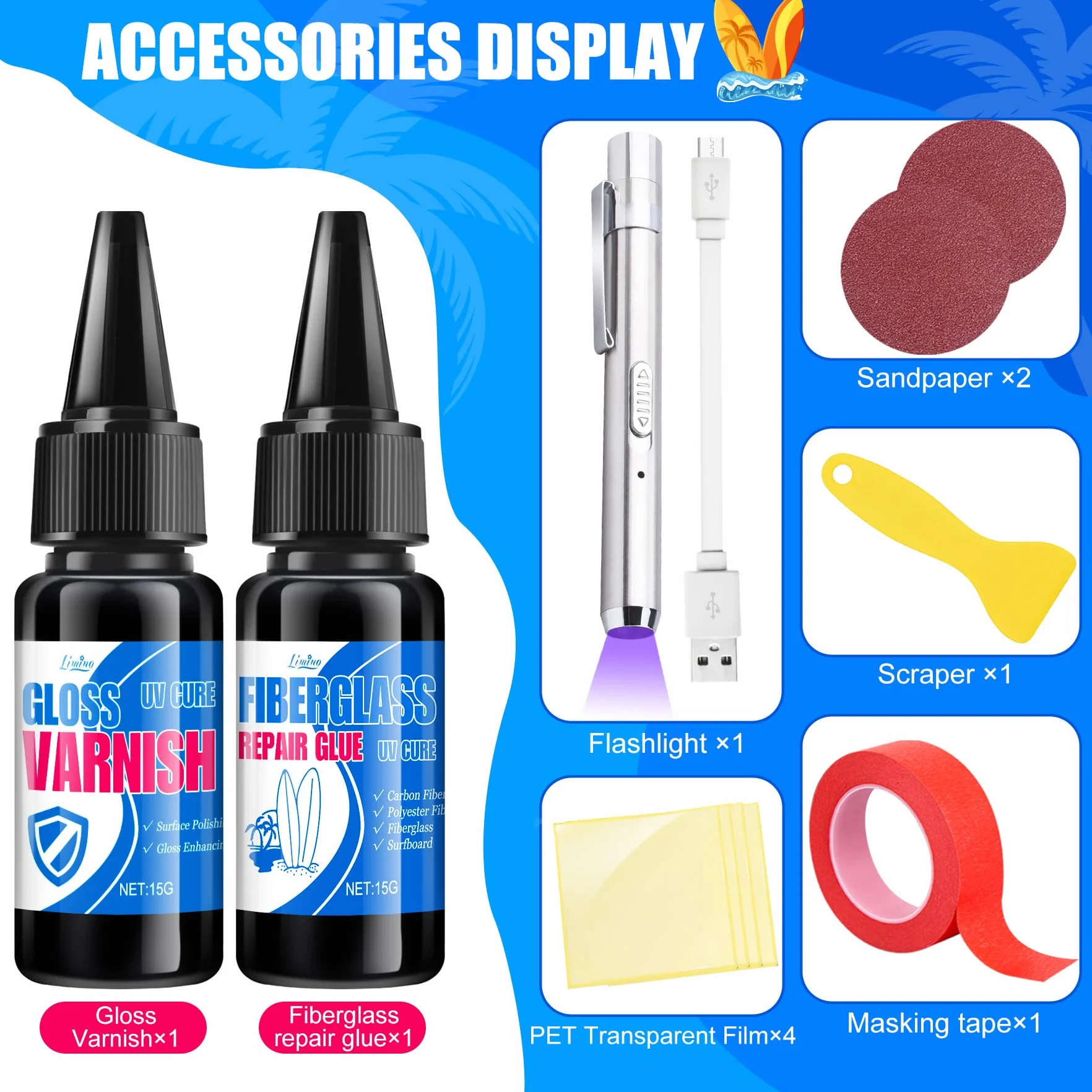 Kit de Reparación para Tablas de Surf de Fibra de Vidrio, Agujeros y Grietas