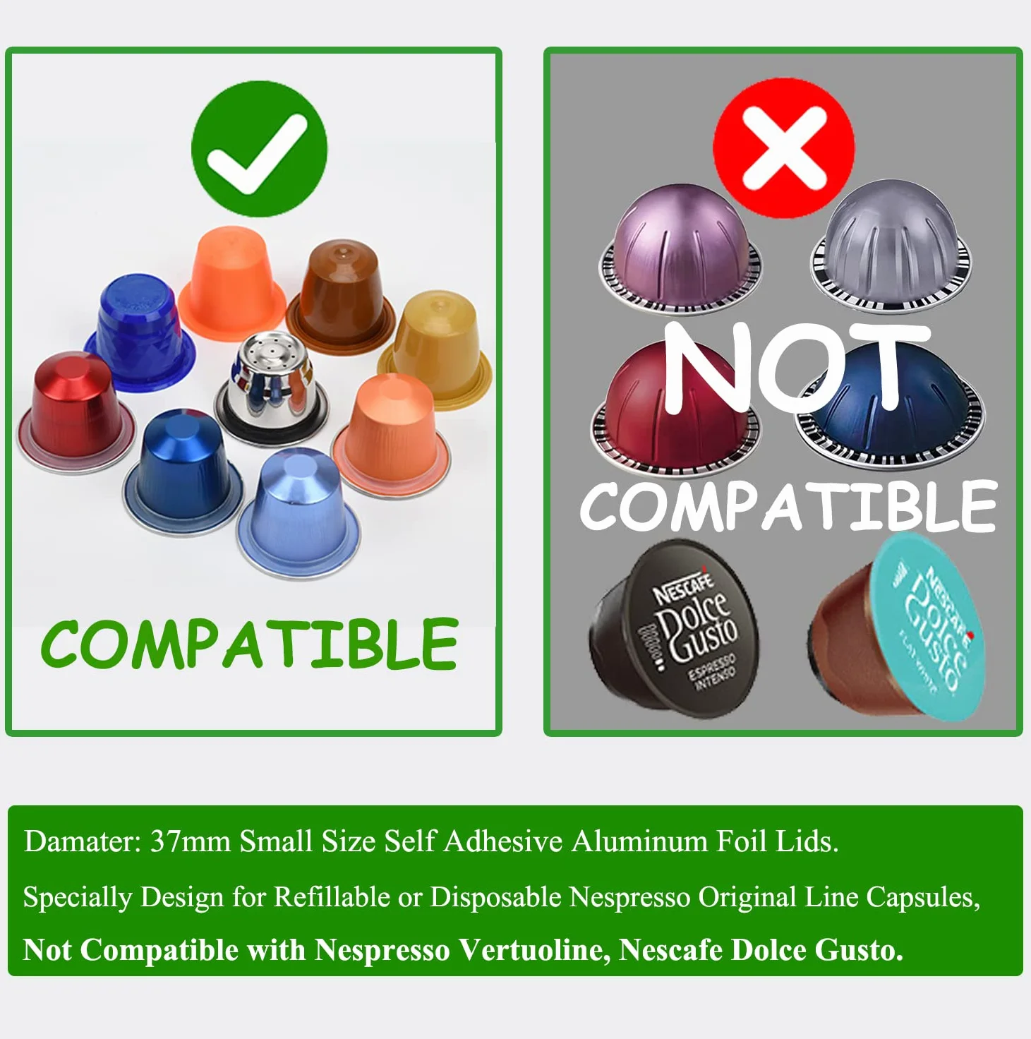 Tapas de aluminio para cápsulas de café reutilizables y rellenables, filtro de acero inoxidable, compatible con máquinas de línea original Nespresso (100 tapas (37 mm)