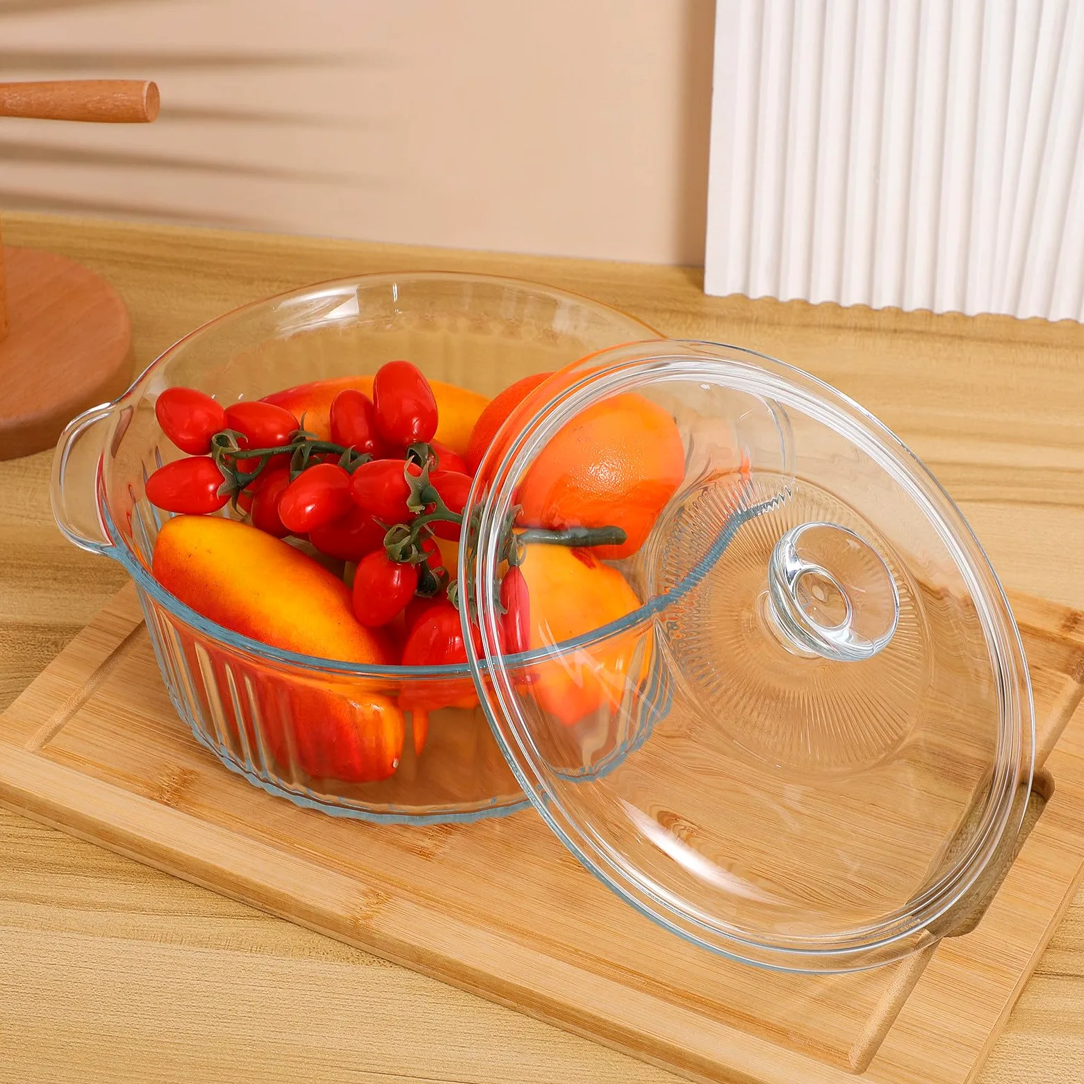 Zerodeko Cazuela de Vidrio Redonda 2, 4 L con Tapa de Acero Resistente | Transparente, Cocción Segura y Calor Uniforme, para Horno y Cocina, Pieza Estética de 2, 4 L
