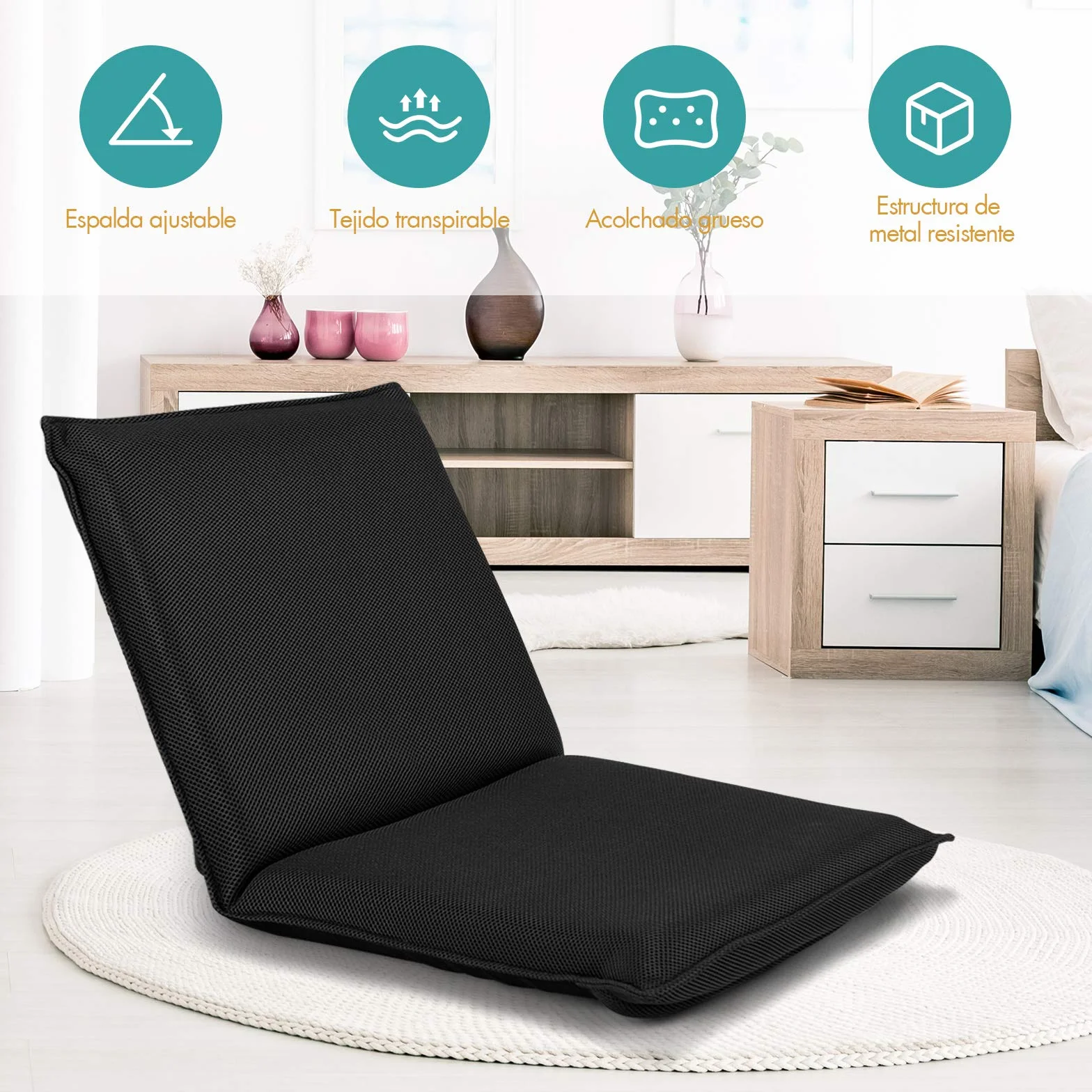 COSTWAY Silla Plegable de Suelo, Silla de Piso con Respaldo Ajustable de 6 Posiciones, Silla Tapizada para Salón Dormitorio Estudio, 98 x 44 x 7 cm (Negro)