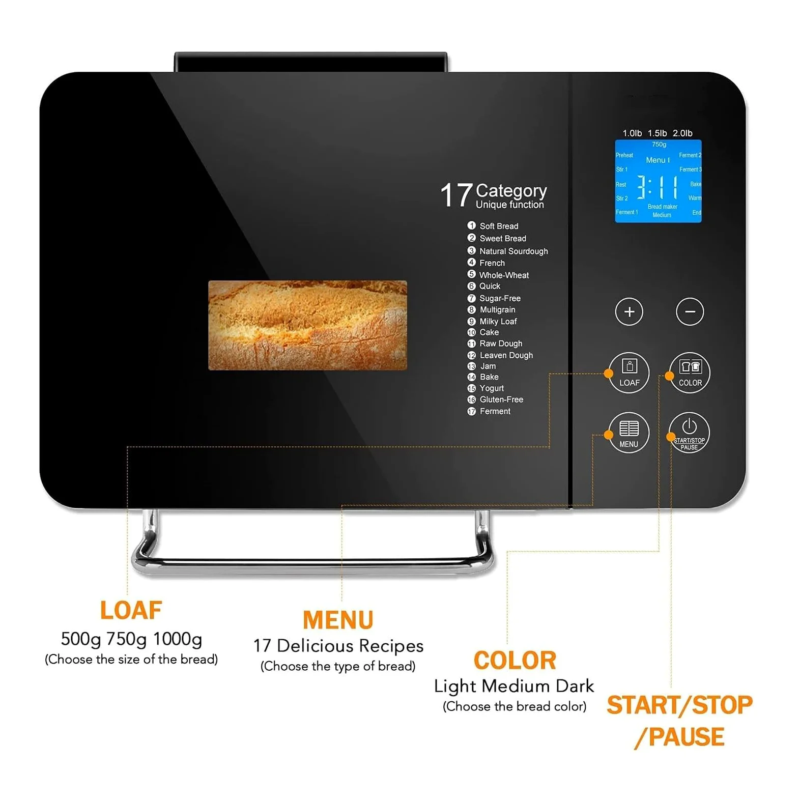 Máquina De Pan Automática 17 En 1 Con Dispensador De Nueces, Funciones De Masa, Mermelada Y Yogur Para Hornear Pan Casero