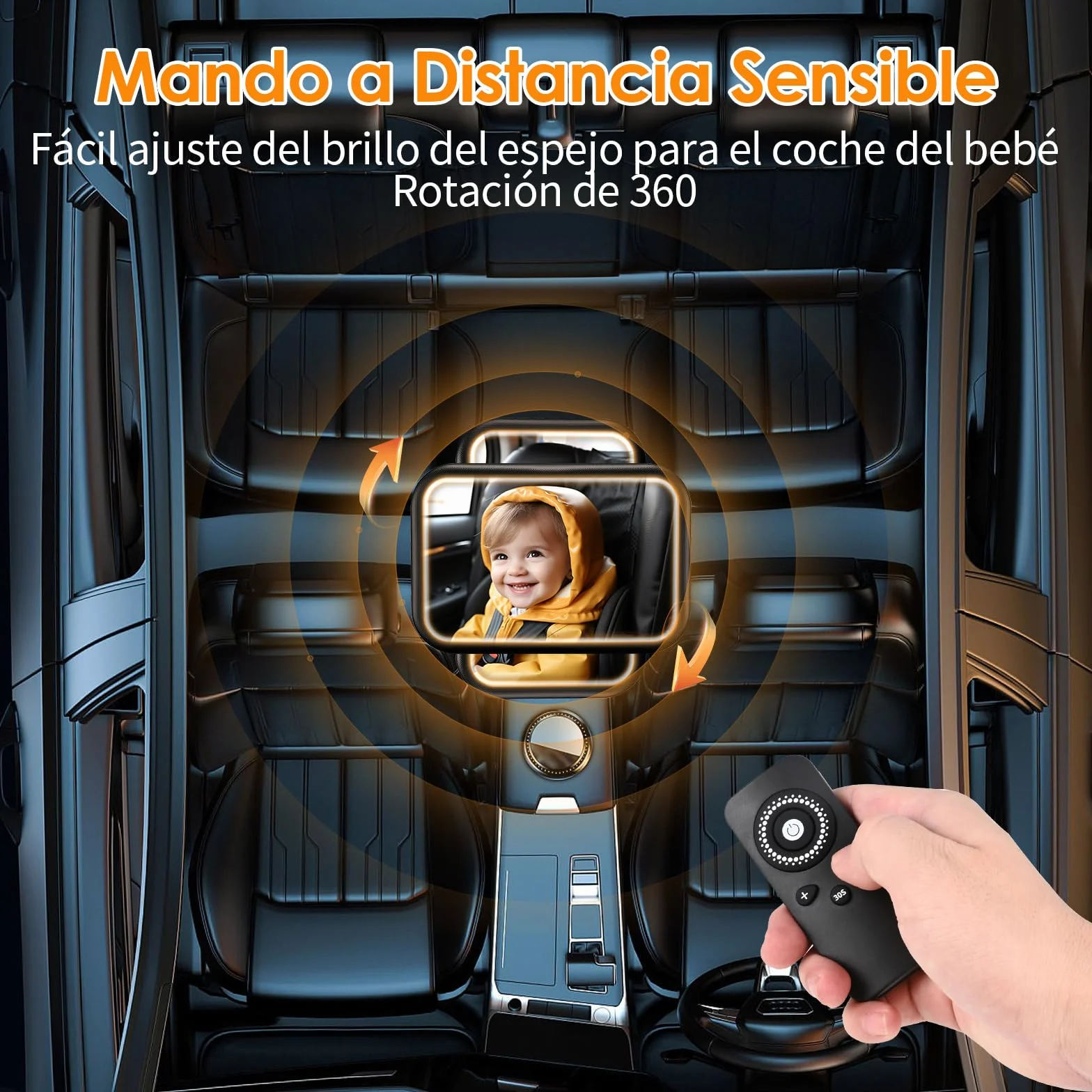 Espejo Retrovisor de Bebé con LED, Espejo Coche Bebé Asiento Trasero 100% a Prueba de Roturas Luz LED Espejo Retrovisor Coche Bebé 360° Giratorio con Clip de Gancho y Mandos a Distancia