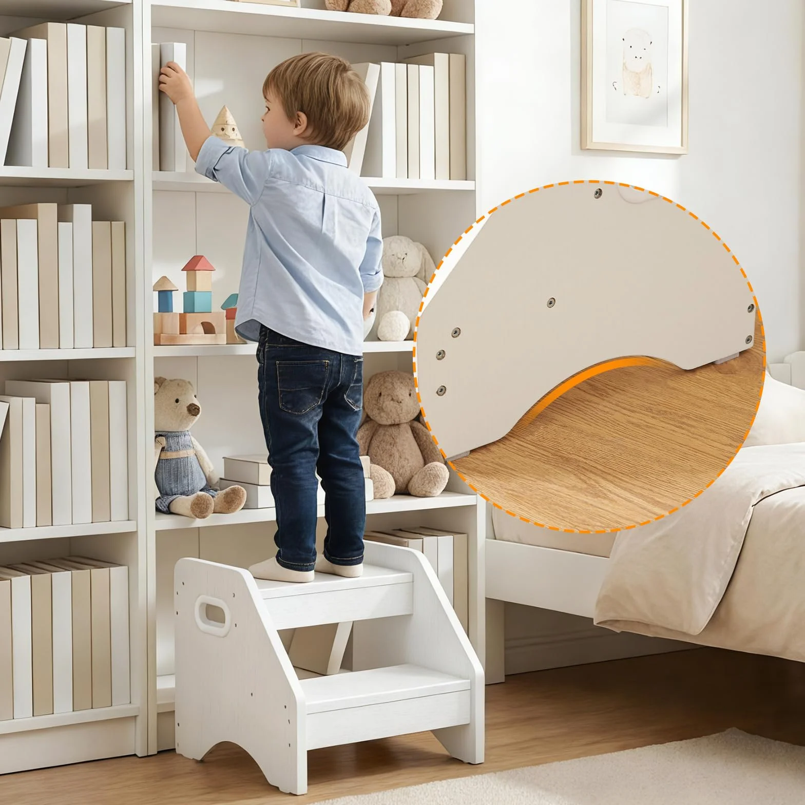 HOOBRO Taburete para Niños de 2 Peldaños en Forma de Trapecio, Asas y Alfombrillas Antideslizantes, Taburete Infantil, Carga 30 kg, para Niños de 3 a 8 años, para Salón, Dormitorio, Blanco EWT28JD01