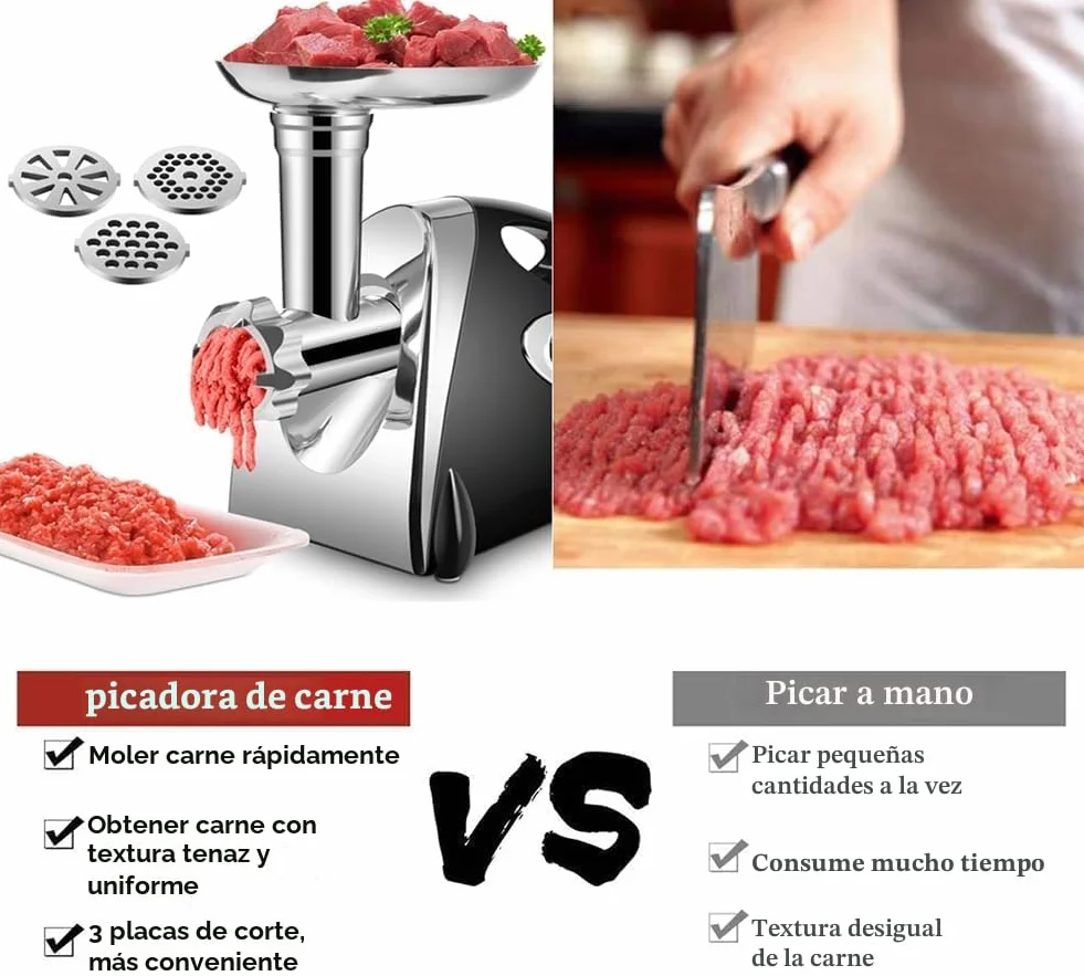 SINZUX Picadora de Carne y Salchichera Eléctrica, 2800 W Enchufe para Picar Carne y Salchichas, Gira Hacia Adelante y Hacia Atrás, con 3 Placas de Corte Diferentes (Negro)