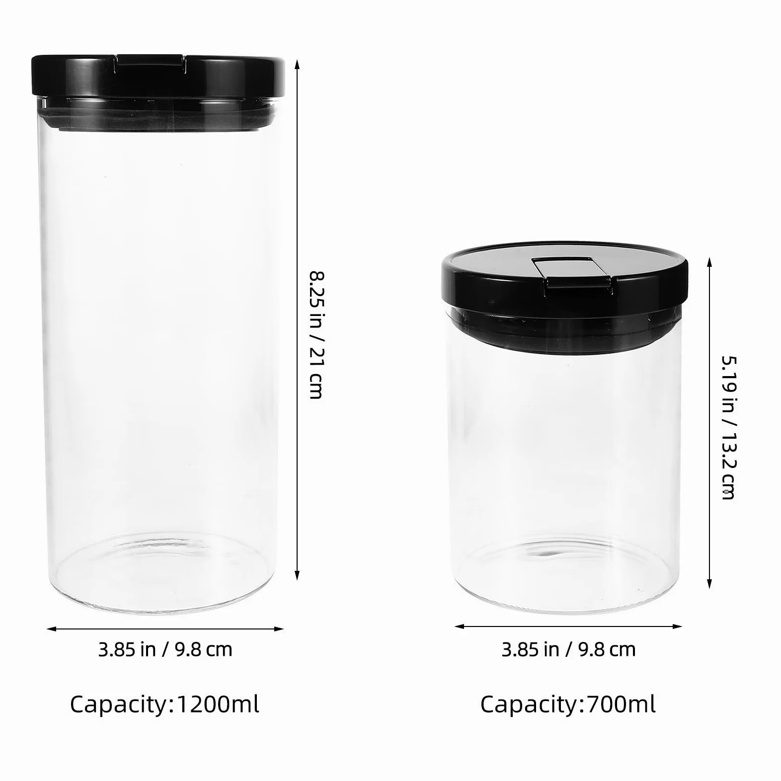 Tarros de Vidrio Herméticos 2 Piezas 700ml y 1200 Ml | Tapa de Plástico Negra, Acabado Transparente Minimalista, Uso en Despensa y Encimera, para Arroz y Granos