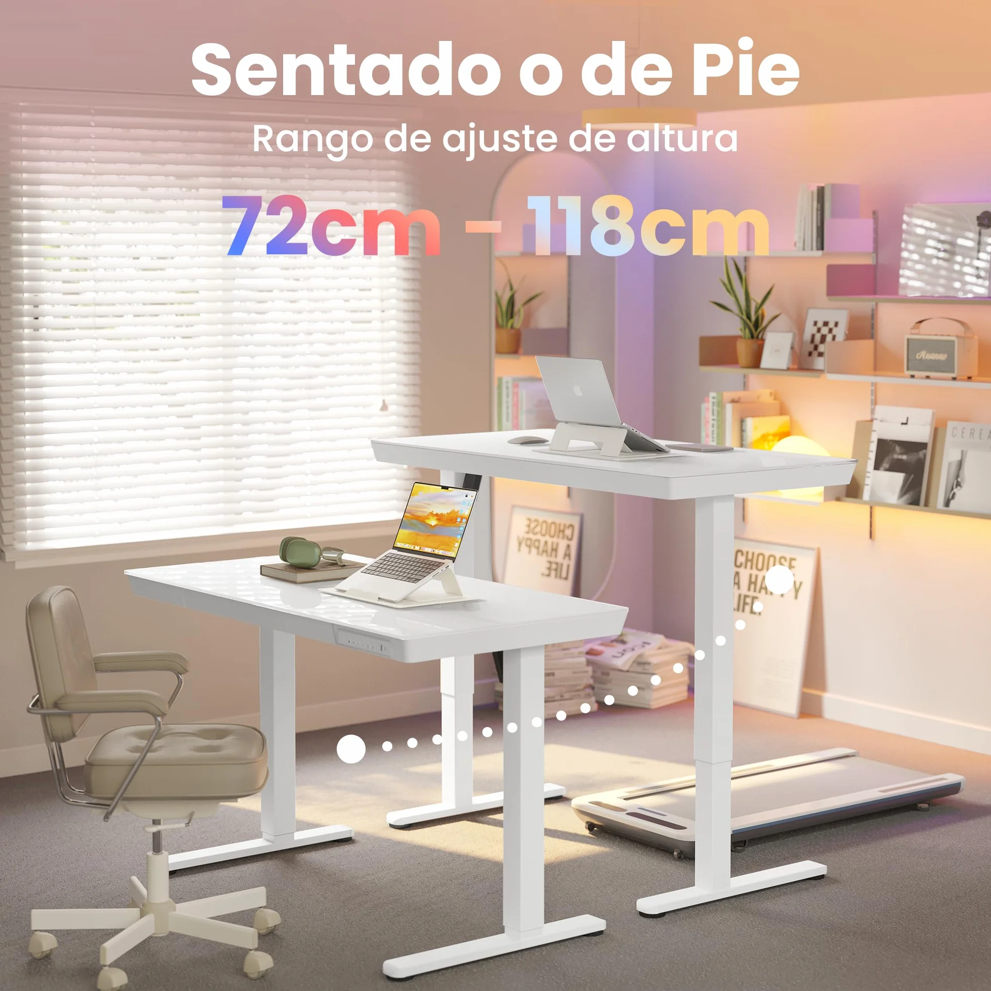 HUANUO 88 x 50 cm Escritorio Elevable, Mesa Elevable de Vidrio con Cajón, Puerto Carga USB y Panel Inteligente de 3 Memorias, Vidrio Blanco