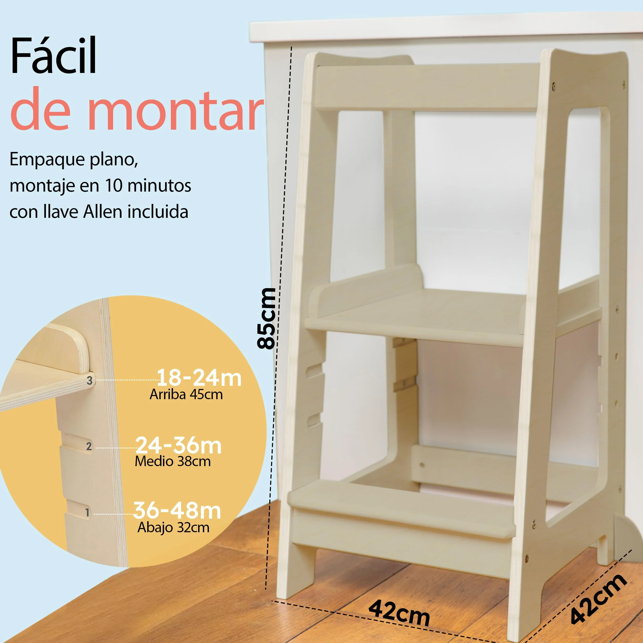 Stepup Baby Torre de Aprendizaje Montessori Taburete Infantil Madera Altura Ajustable Barra Seguridad para Niños 18 Meses a 5 Años