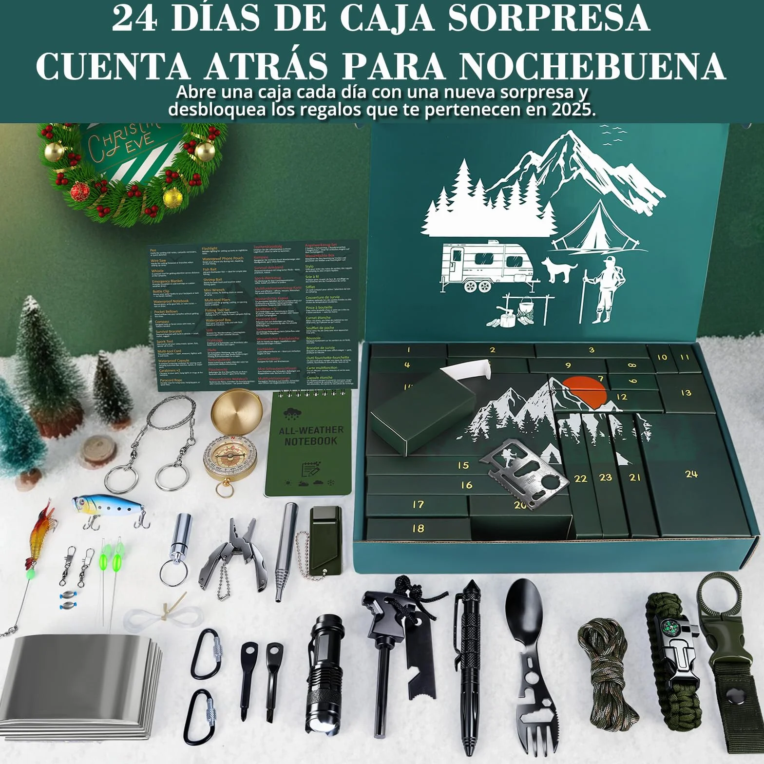 BuzzoXerex Calendario de Adviento 2025 Hombre, 24 PCS Kit de Supervivencia para Camping