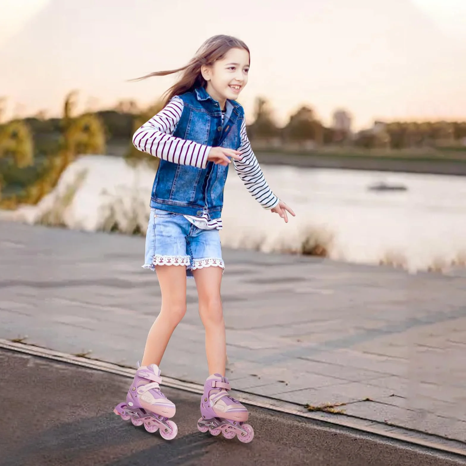 Patines en línea Ajustables para Niños y Niñas, 4 Ruedas con Ruedas Luminosas, Rosa Violet