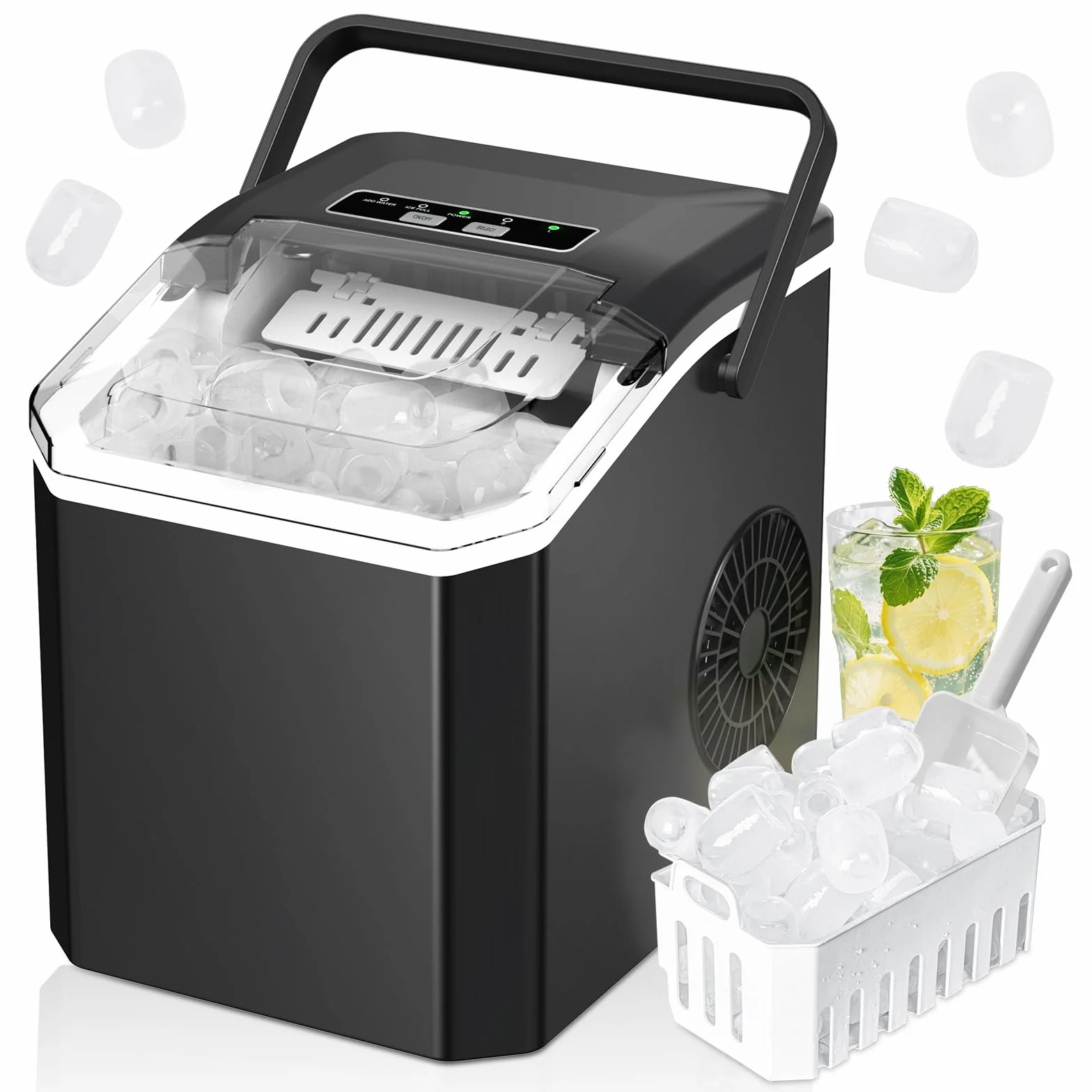 Maquina de Hielo, 9 Cubos en 8 Minutos,2 Tamaños de Hielo,1,5L Tanque,14Kg/24H, Ice Maker Machine Autolimpiante con Asa, Pala para Inicio/Cocina/Oficina/Bar (Negro)