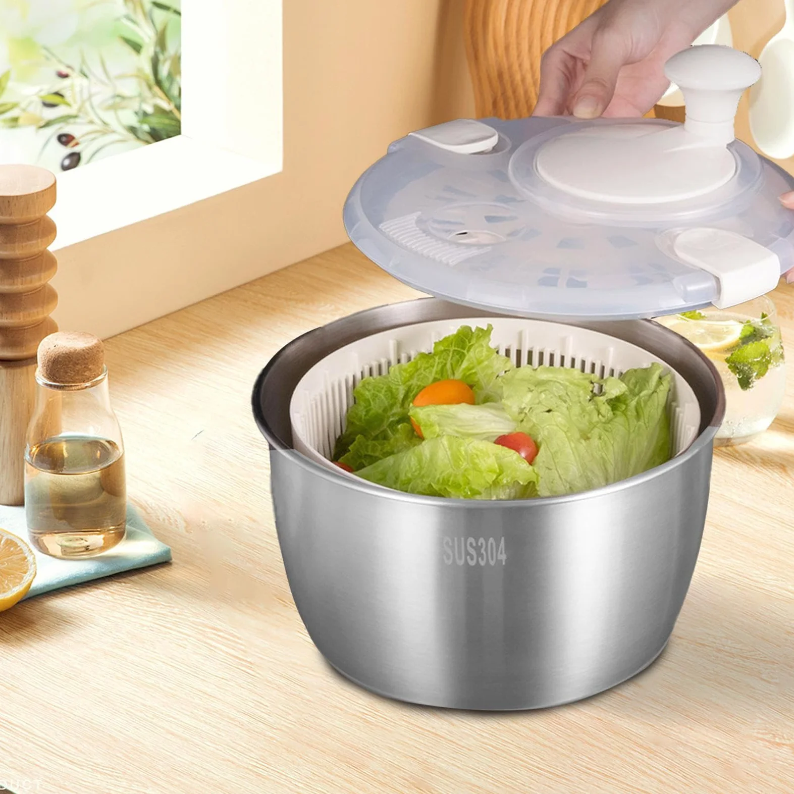 y centrifugadora de lechuga,Secadora de frutas | Girador de verduras para | ensalada,Mezclador de ensalada grande con mango giratorio, secador de lechuga de acero inoxidable, centrifugador de verduras