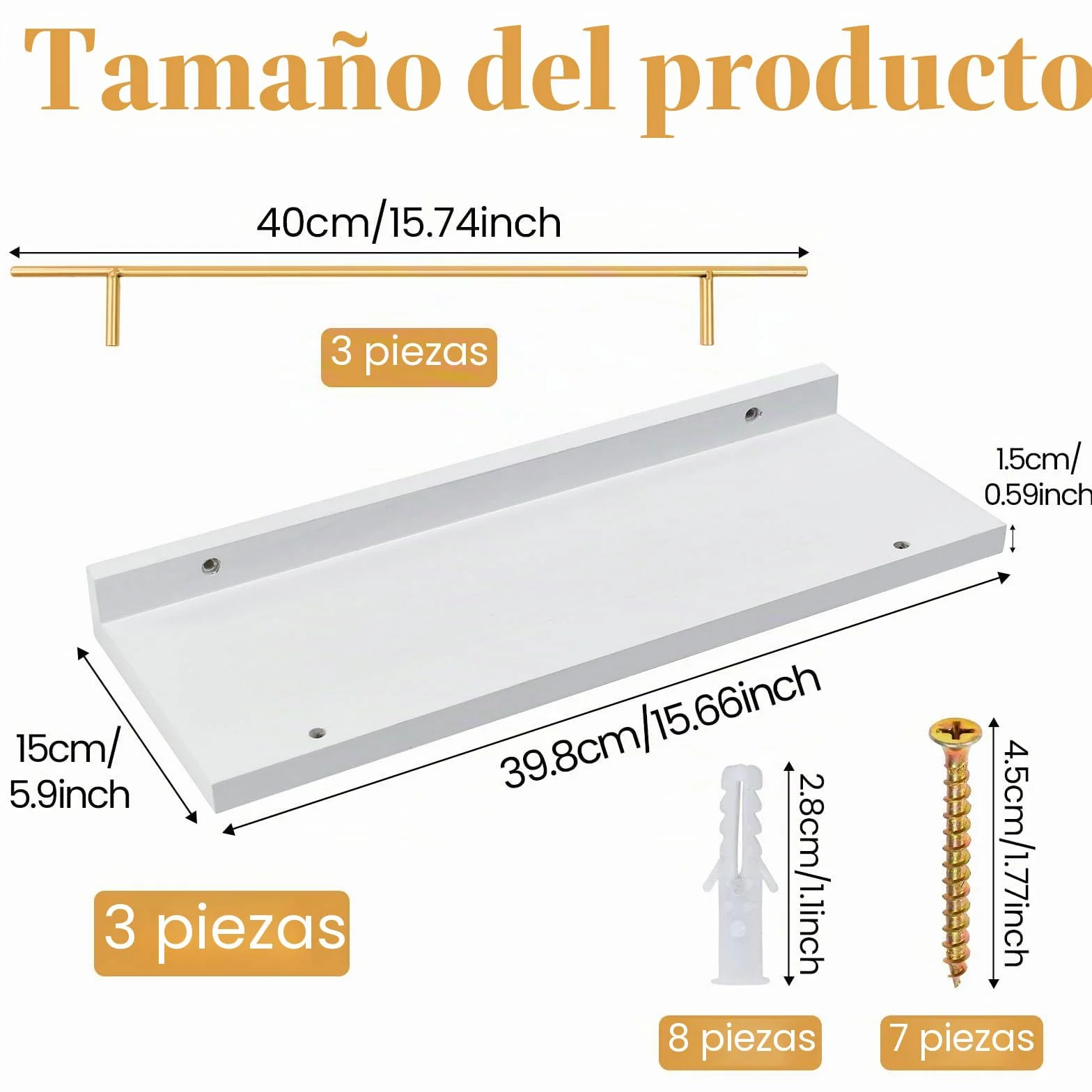 3PCS Estantes Flotantes de Madera 40x15cm, Baldas Flotantes Blancas para Pared, Estanterías de Madera para Pared, Estantes Colgantes dePared para Dormitorio, Cocina, Oficina o Sala de Estar