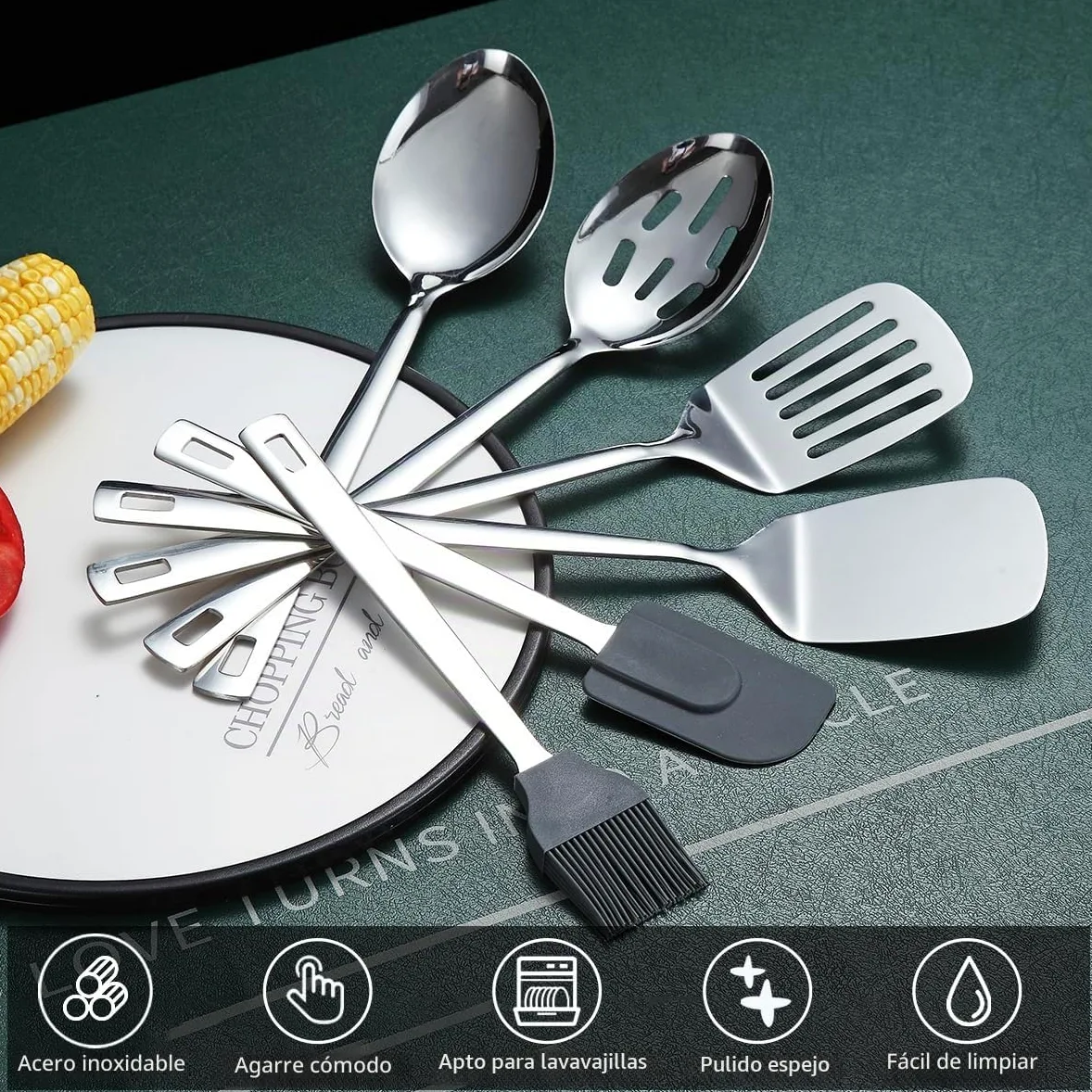 Juego de utensilios de cocina de acero inoxidable 40 piezas con soporte para utensilios, utensilios de cocina elementos esenciales, juego de espátula de metal