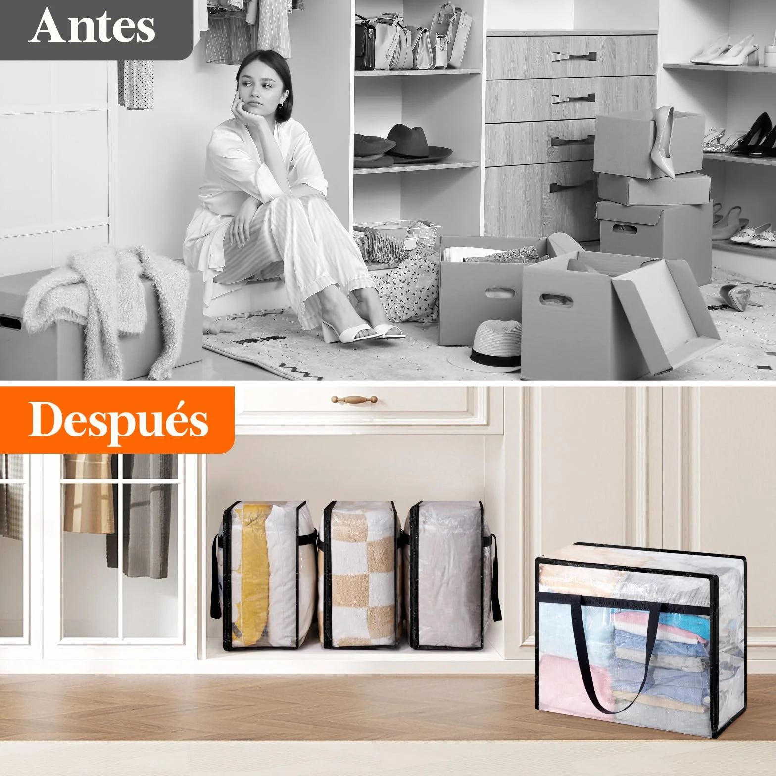 Lifewit Bolsas de Almacenaje de Ropa 40L en PP, Organizador de Armario Plegable Transparente con Asas Reforzadas, Cajas de Mudanza para Mantas, Edredones y Juguetes, 3 Piezas