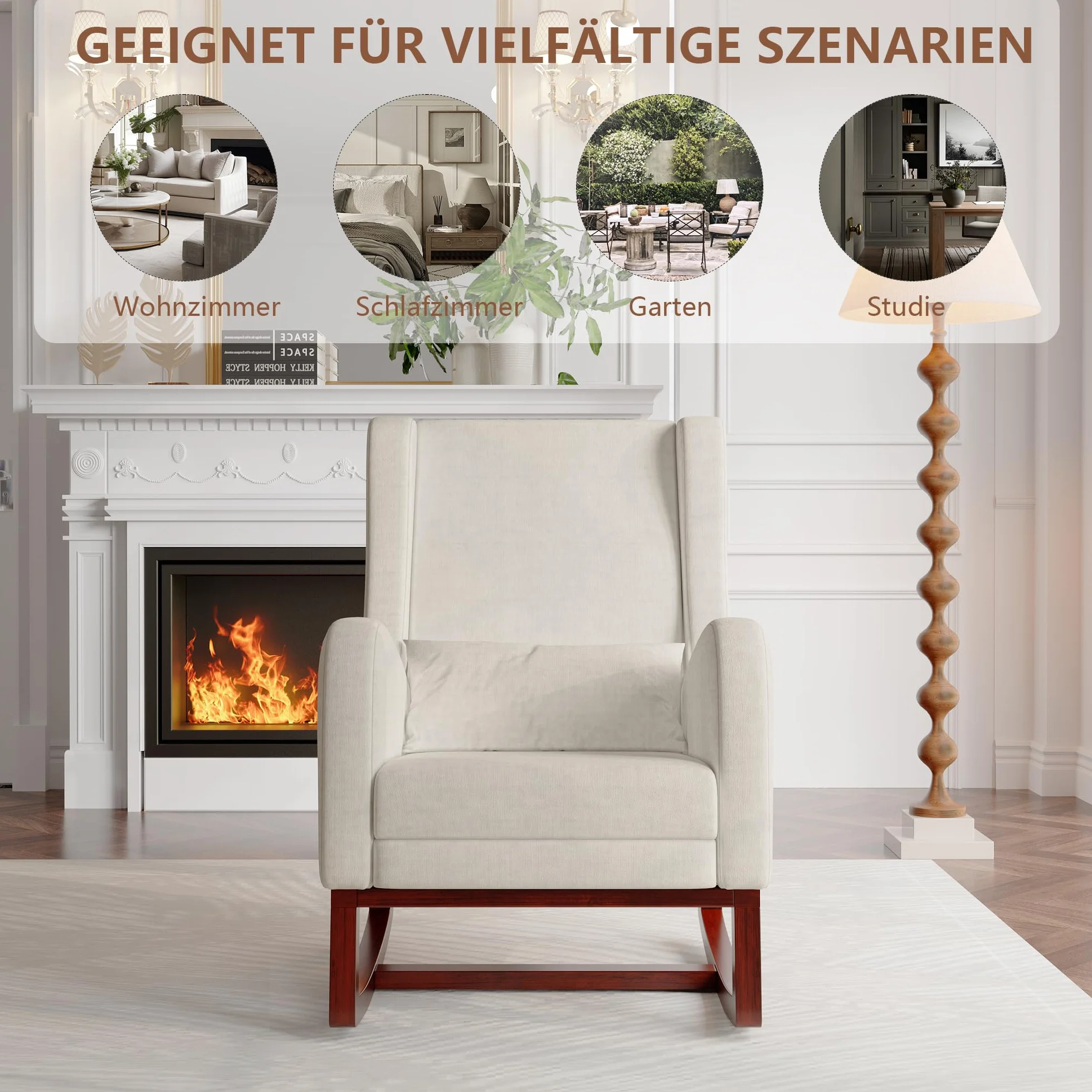 Mecedora de lactancia Lin Beige con reposapiés y reposabrazos, madera maciza, 67x64x99 cm