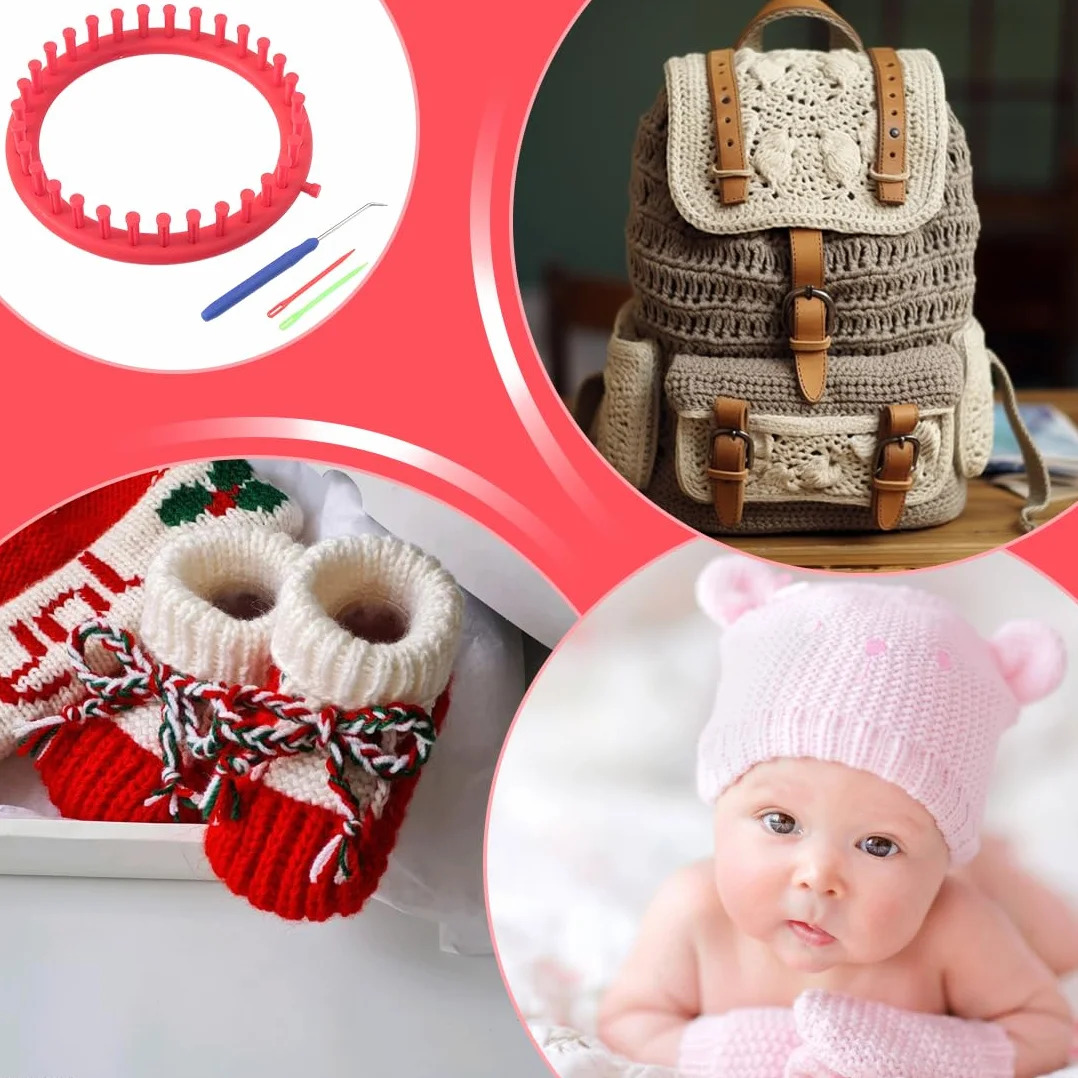 1 Telar Redondo y Circular, Loom Knitting Loom Set, Kit de Tejido con Instrucciones para Principiantes, con Aguja de Punto y Ganchillo, Telar (Ø 24cm)