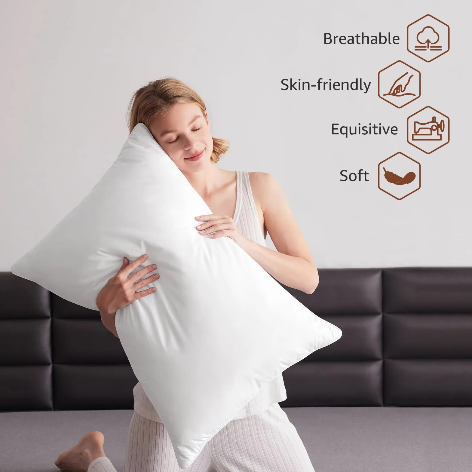 Juego de 2 almohadas de plumas de ganso de lujo, tamaño King, almohadas de cama suaves para dormir, funda de percal orgánico (King, paquete de 2)