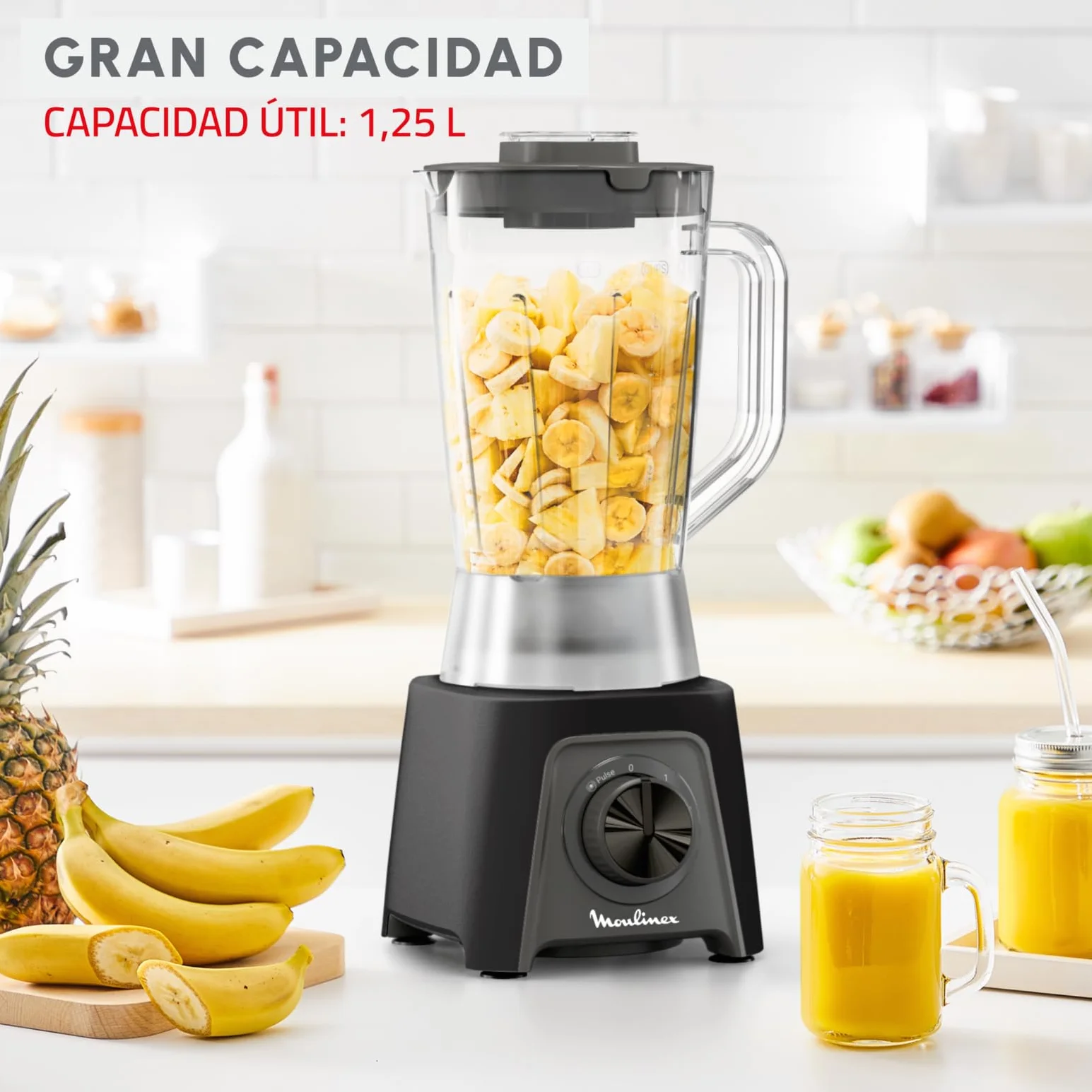 Moulinex Blendeo+ Batidora de vaso 450W 1,5L 2 velocidades Pulse Pica hielo Cuchillas extraíbles Gris