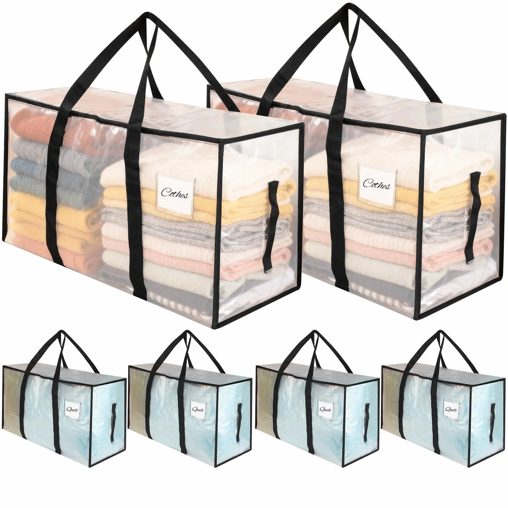 Paquete de 6 bolsas de almacenamiento grandes de 95 litros con tapa, cajas de mudanza transparentes, plegables y resistentes con cremallera y asa,para mudanzas,camping y almacenamiento de ropa de cama