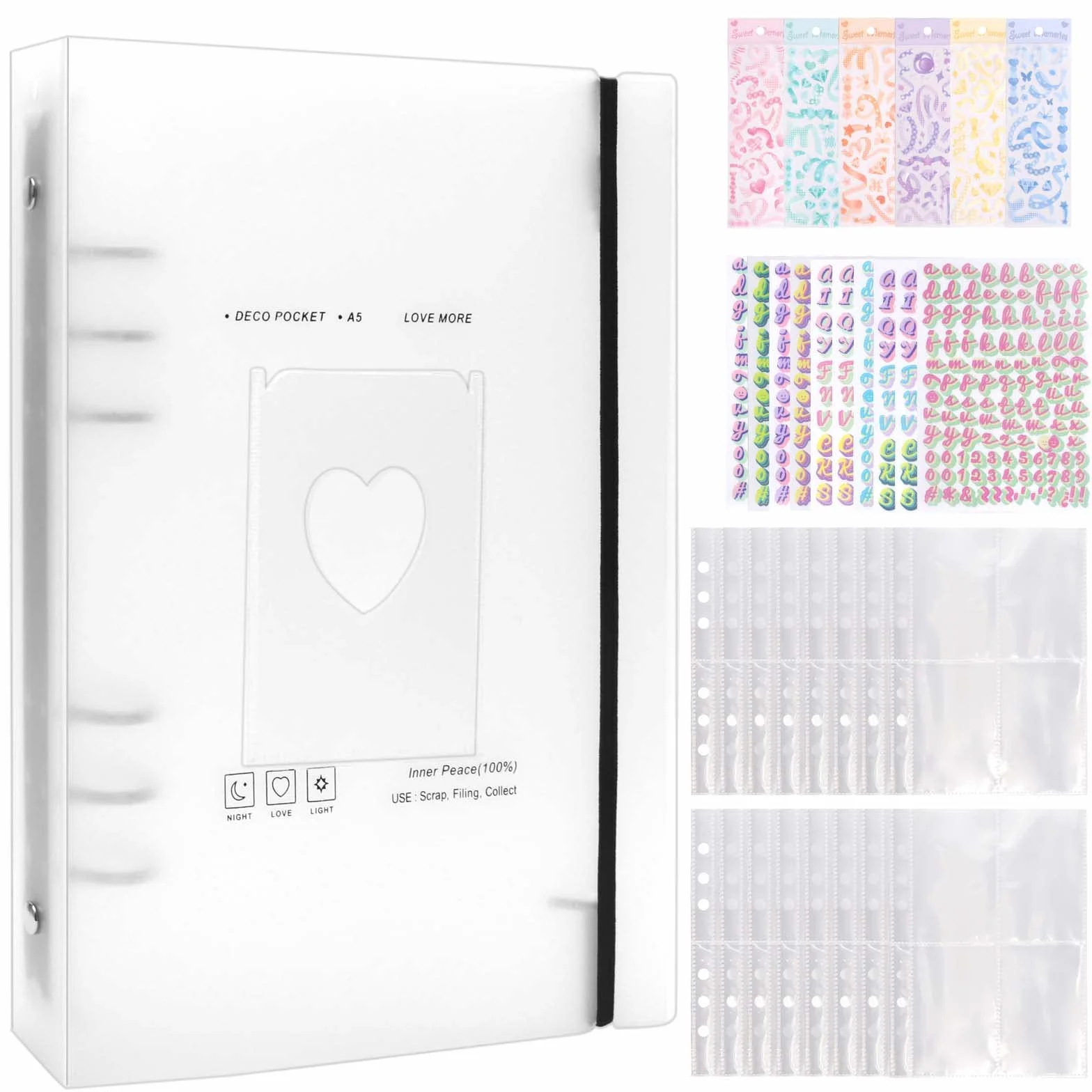 Álbum de Fotos A5 Binder Kpop mini Photocards 4" Archivadores con Anillas Carpeta de 6 Agujeros + 30 Hojas de 4 Compartimentos para Fotos Tarjetas, Sellos con Pegatinas Adhesivos Alfanuméricos