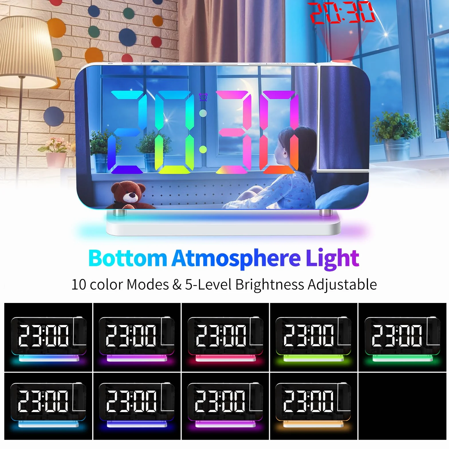 ThreeH Reloj Despertador Proyección LED RGB Colorido Reloj con Superficie de Espejo Auto Dimming Voleme Ajustable Doble USB Puertos de Carga Luz Nocturna Blanco