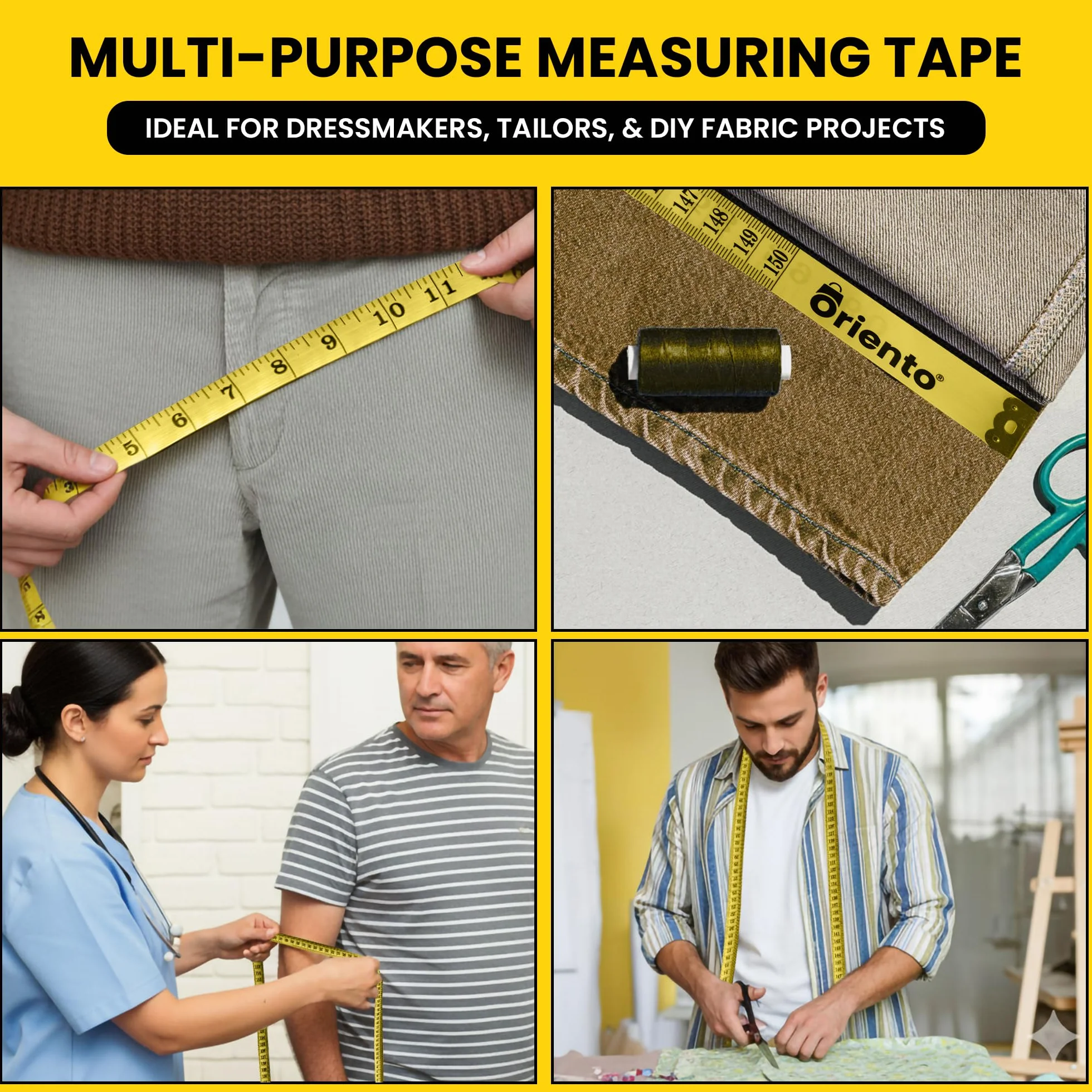 Oriento Cinta Métrica Corporal 150 cm/60 pulgadas – Metro de Costura Flexible a Doble Cara para Medidas Corporales, Sastrería, Pérdida de Peso y Manualidades – Amarillo (150 cm/ 60 inch)