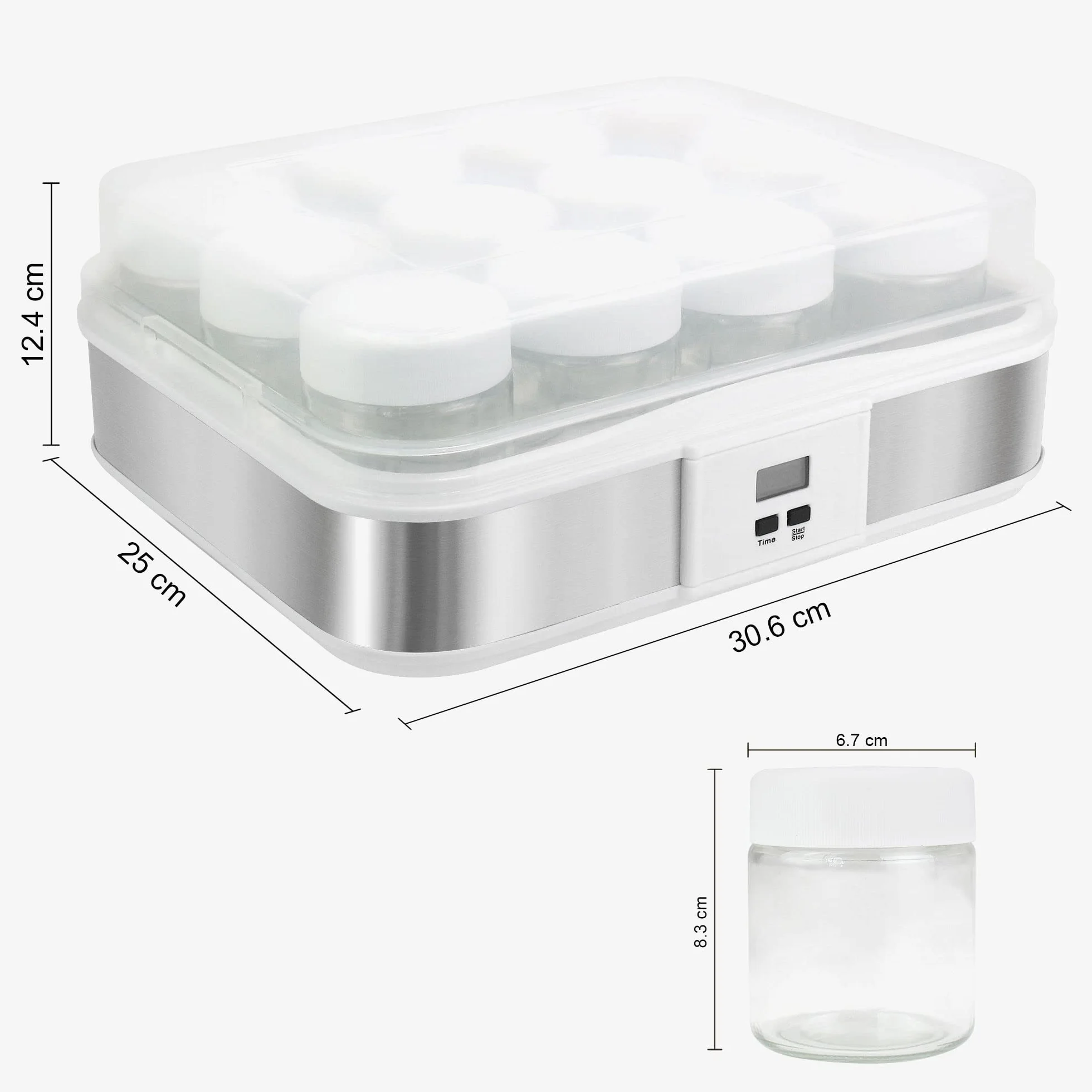 Leogreen - Yogurtera, Máquina para Yogur Natural y Saludable, 12 tarros, con el contador de tiempo, 30,6 x 25 x 12,4 cm, Blanco, Capacidad por frasco: 0,21 L, Ajuste del temporizador: 0-15 horas