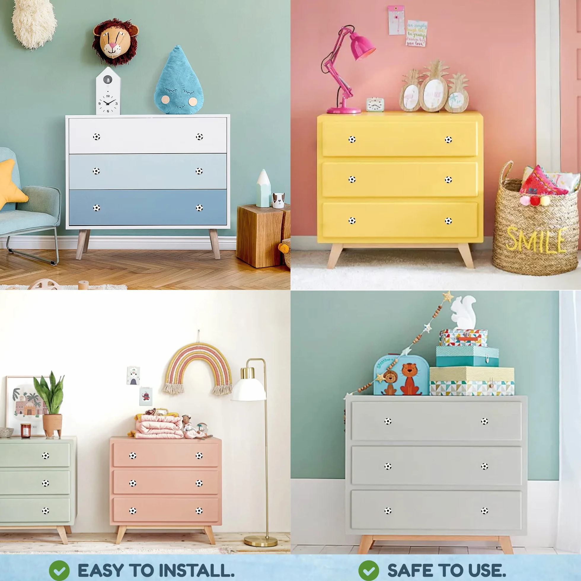 DOJA Barcelona | Pomos y Tiradores Infantiles | 12 Tiradores Cajones Infantiles Diseño Balon | Ø40*23mm | Goma y Zinc-Aluminium | Tirador para Decoracion Habitacion, Armarios, Cambiador Bebe Mueble
