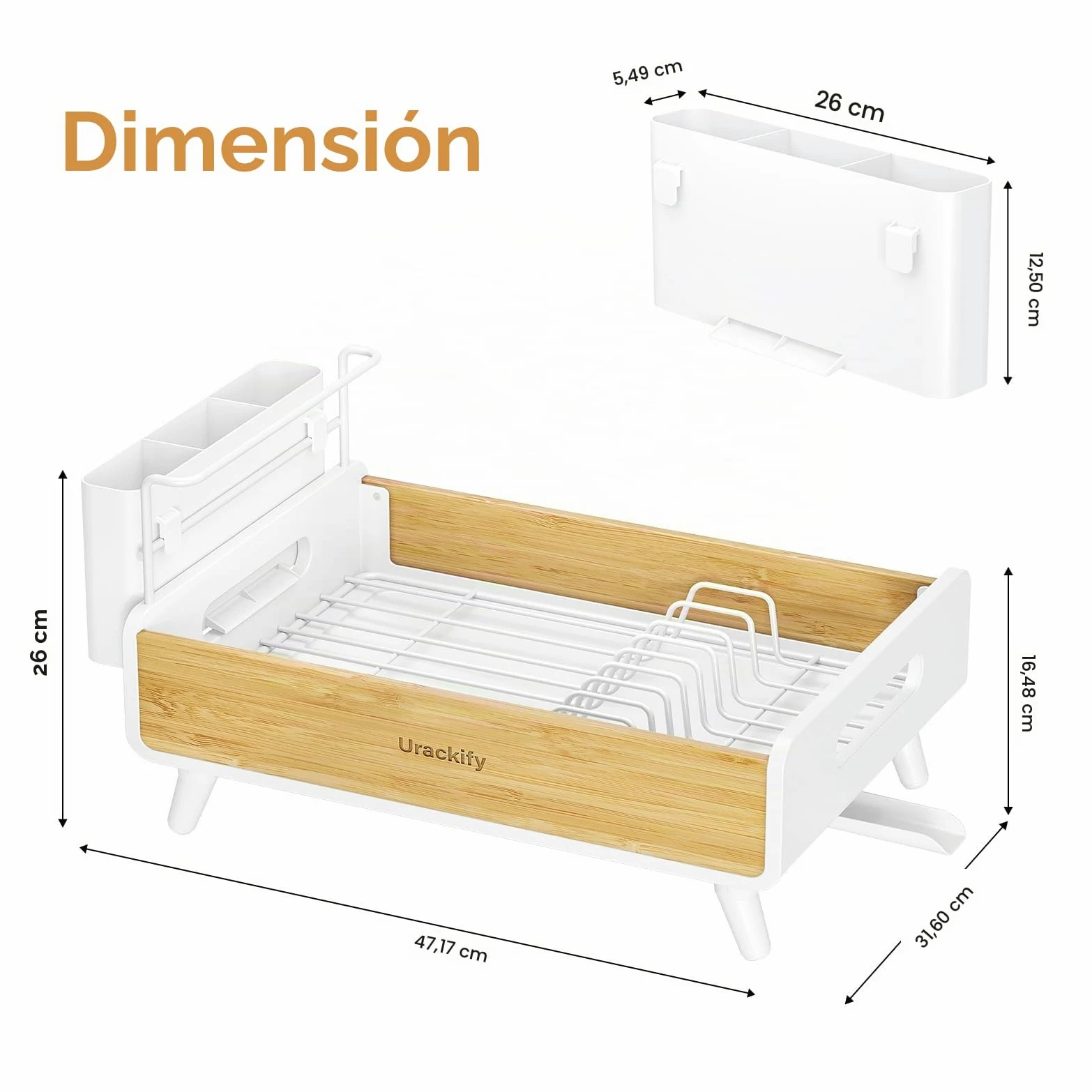 Urackify Escurridor de Platos, Bambú | Acero Inoxidable y Bambú, Soporte Utensilios Extraíble, para Encimera de Cocina