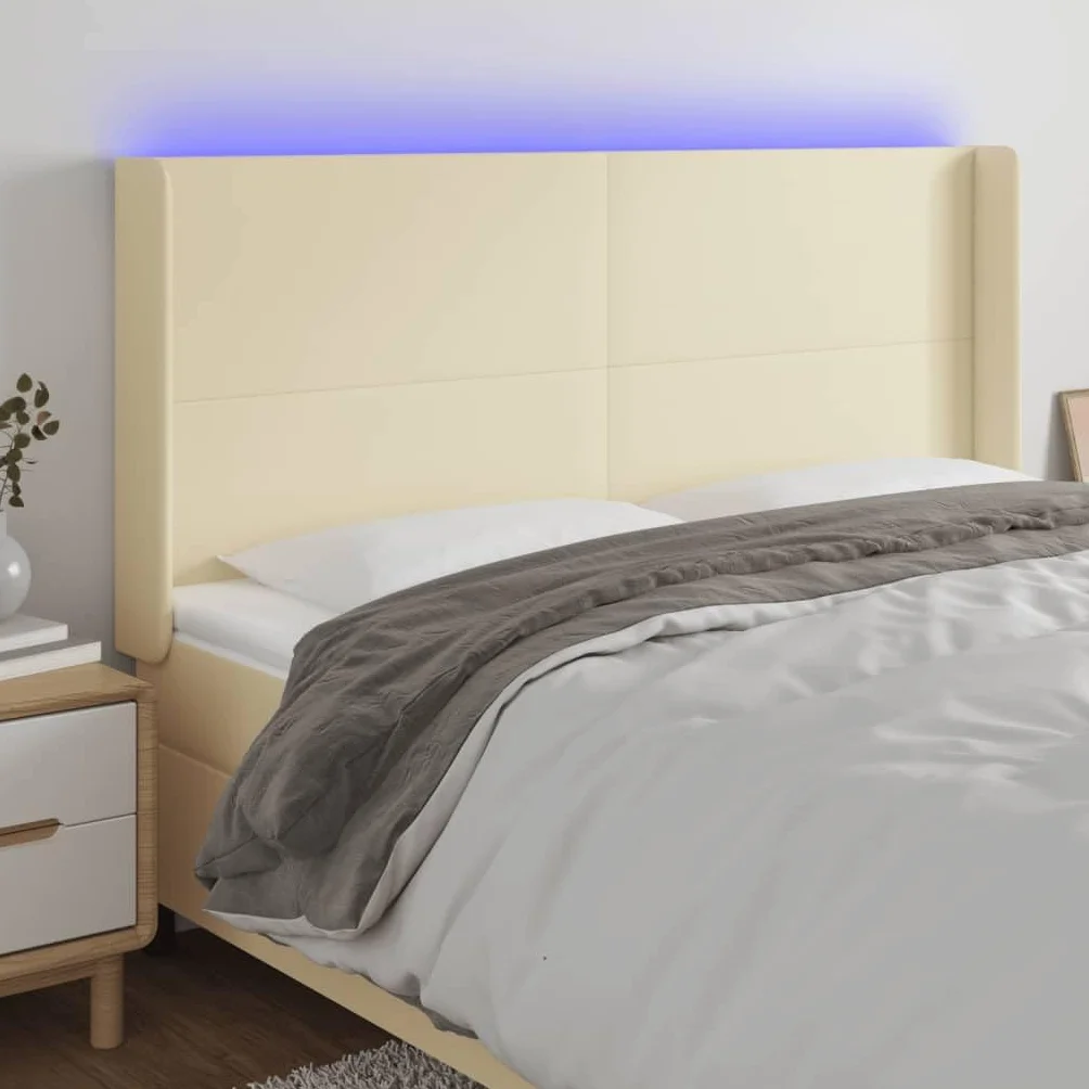 Cabecero de cama LED, color crema, 163 x 16 x 118/128 cm, altura regulable, piel sintética, espuma, luces coloridas, para jóvenes y adultos
