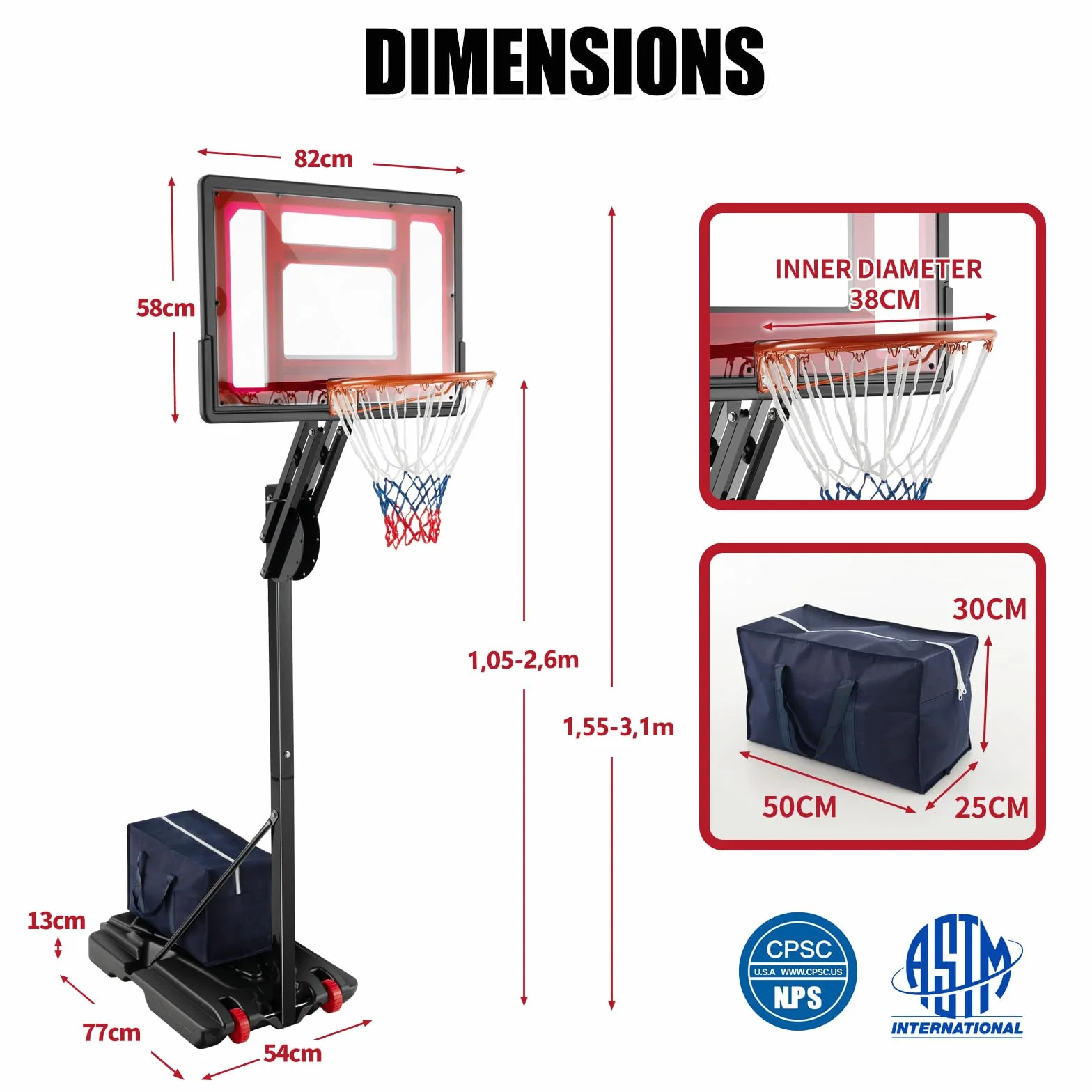 KOMFOTTEU Canasta de Baloncesto Altura Ajustable 105-260 cm Portátil con Ruedas Base Rellenable