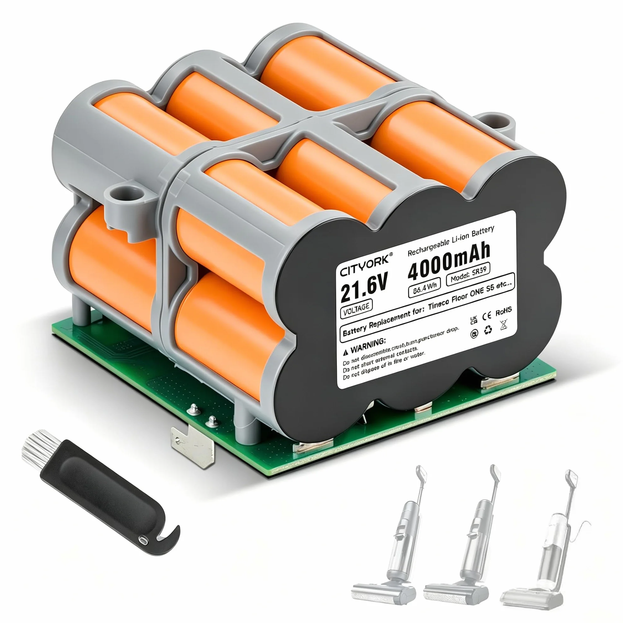 Aspiradora en seco y húmedo 21,6V Batería para Tineco Floor One S5 /S5 Pro /S5 Pro 2/ S5 Smart /S5 Steam/S5 Combo / S5 Extreme Bateria de Larga duración (1 batería + 1 Pincel + Cinta Adhesiva)