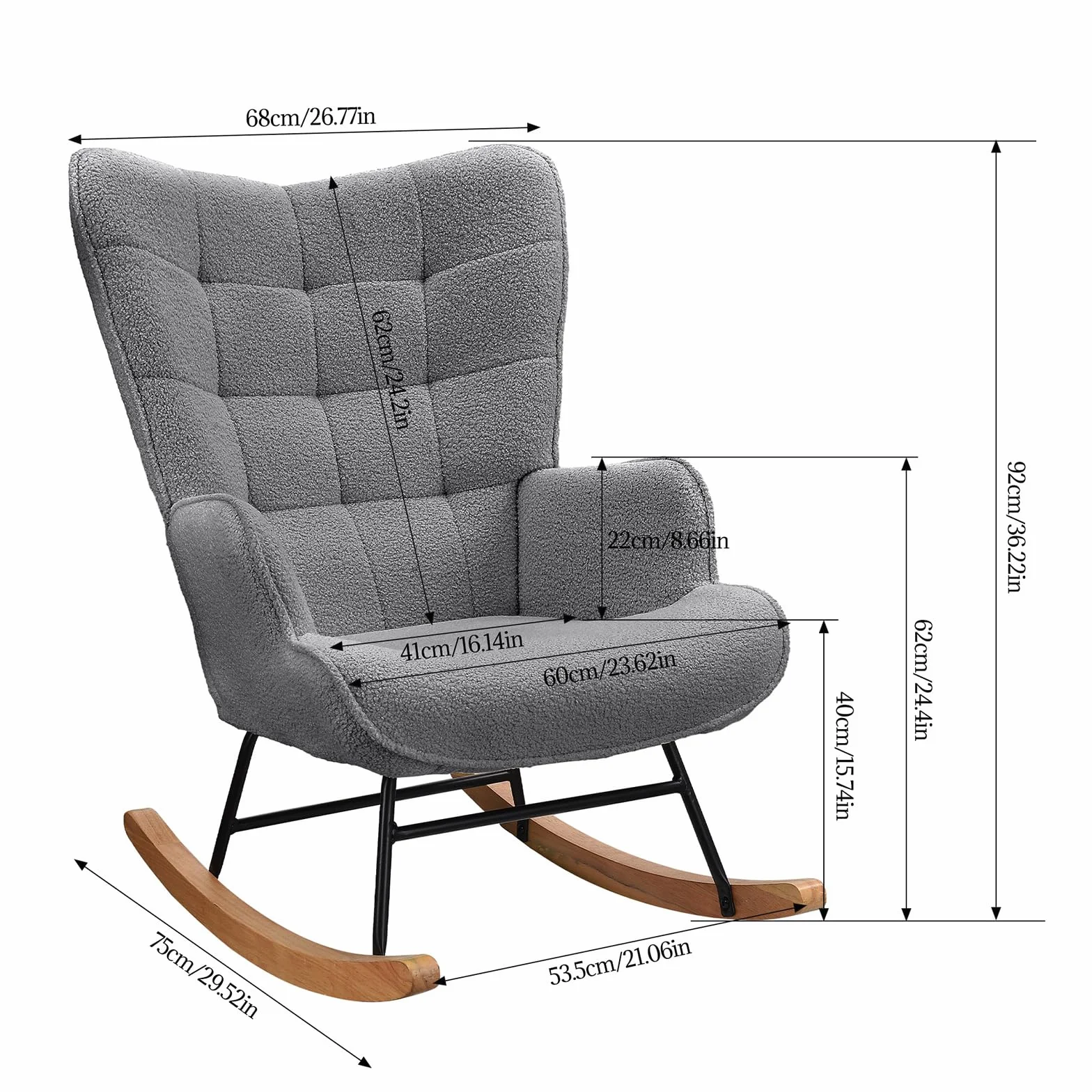 Sillón de lactancia con respaldo alto, mecedora de tela Teddy, gris oscuro
