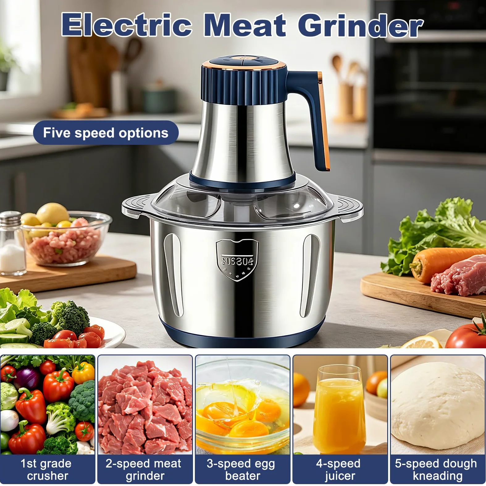 Picadora eléctrica de cocina de 500 W, tazón de acero inoxidable de 5 litros, picadora multipicadora eléctrica de 5 velocidades, procesador de alimentos, picadora de carne para carne, cebolla, fruta