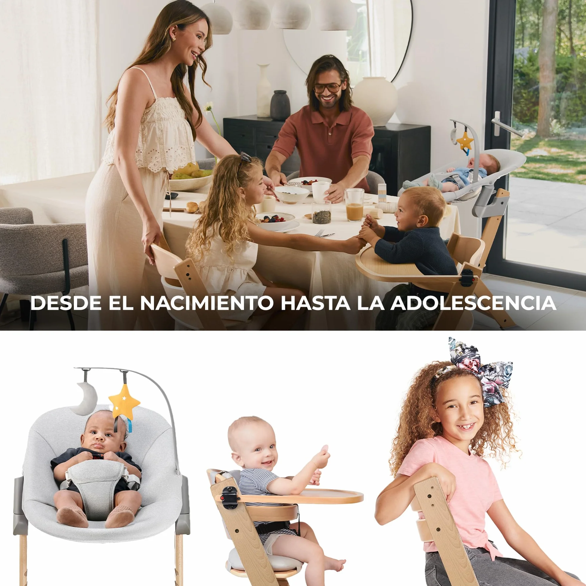 Kinderkraft ENOCK Trona bebé de Madera + Hamaca Bebé CALMEE, Silla alta Infantil Evolutiva Ergonómica, Gris